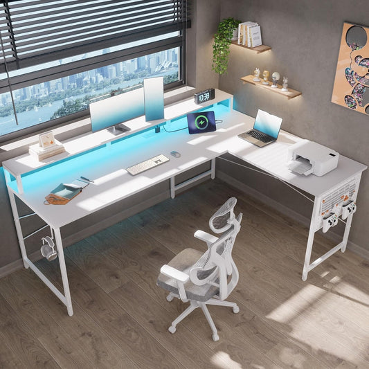 64 Inch L Shaped Gaming Desk with Power Outlets and Led Lights, Large Corner Computer Desk with Monitor Stand and Pegboard, PC Table for Home Office and Bedroom White