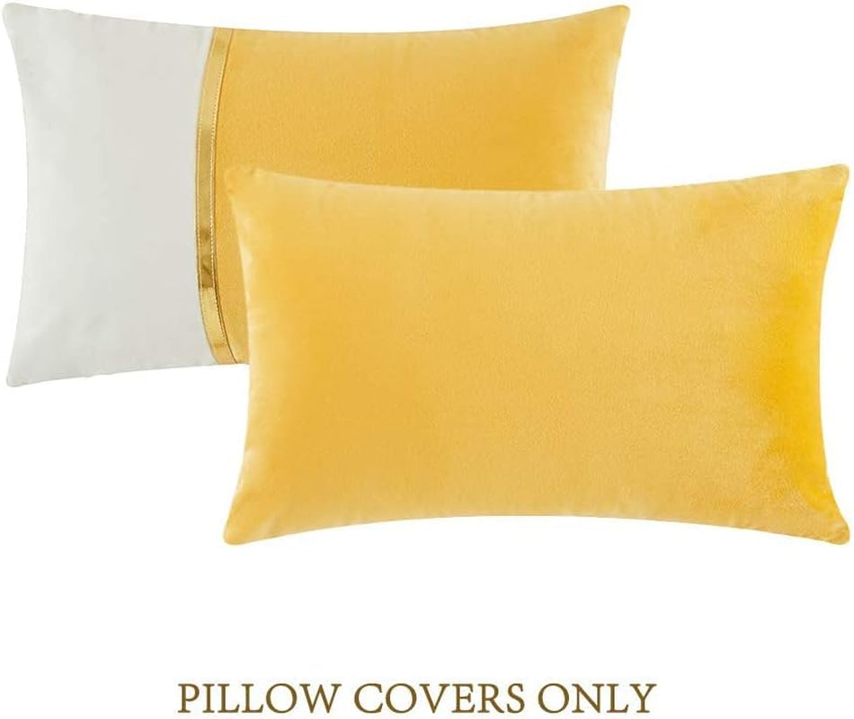 2 Packs Decorative Throw Pillow Covers 12X20 Inch for Living Room Couch Bed, Yellow and White Velvet Patchwork with Gold Leather, Luxury Modern Home Decor, Lumbar Cushion Case 30X50 Cm