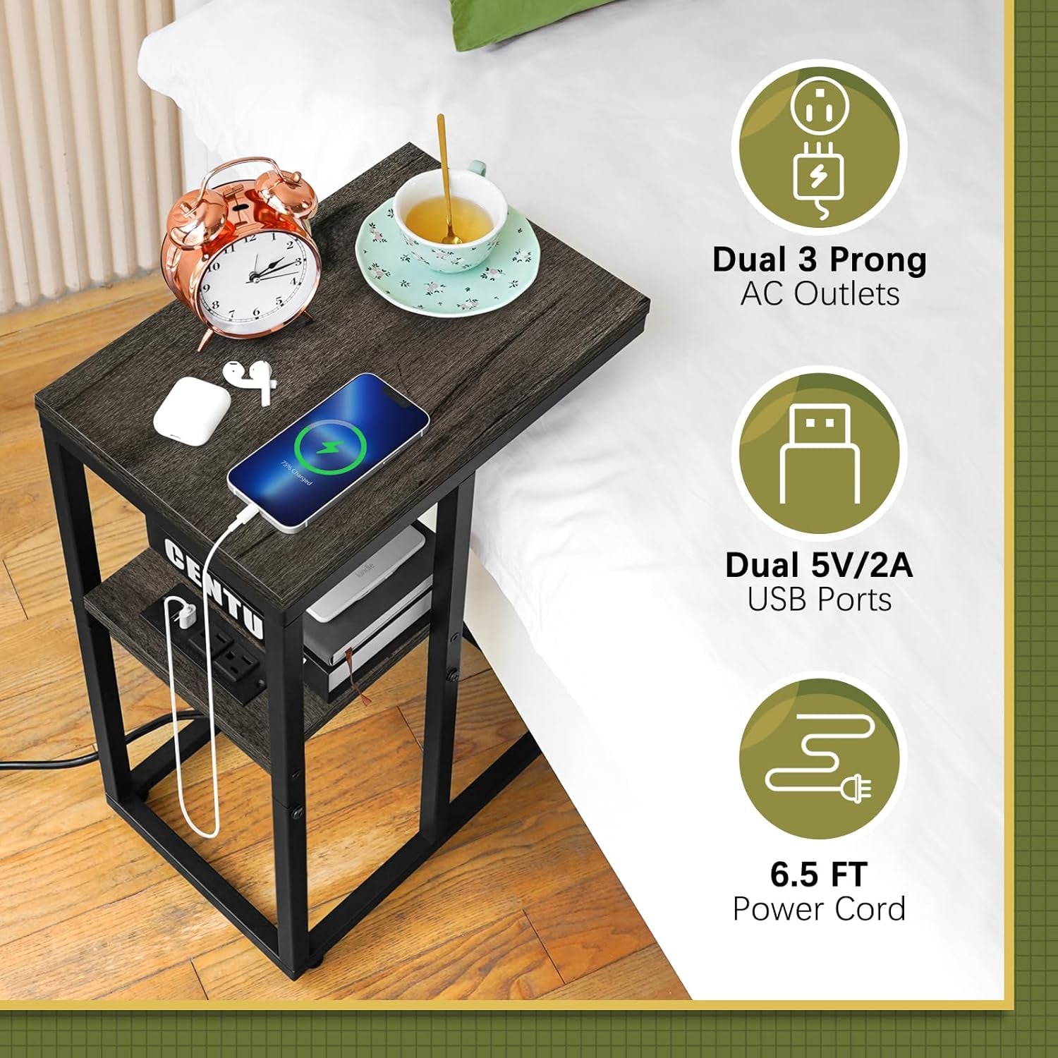 C Shaped End Table with Charging Station for Living Room, Bedroom, Sofa Table with USB Ports and Outlets for Small Spaces, C Couch Rustic Snack Bed Table, Charcoal Gray