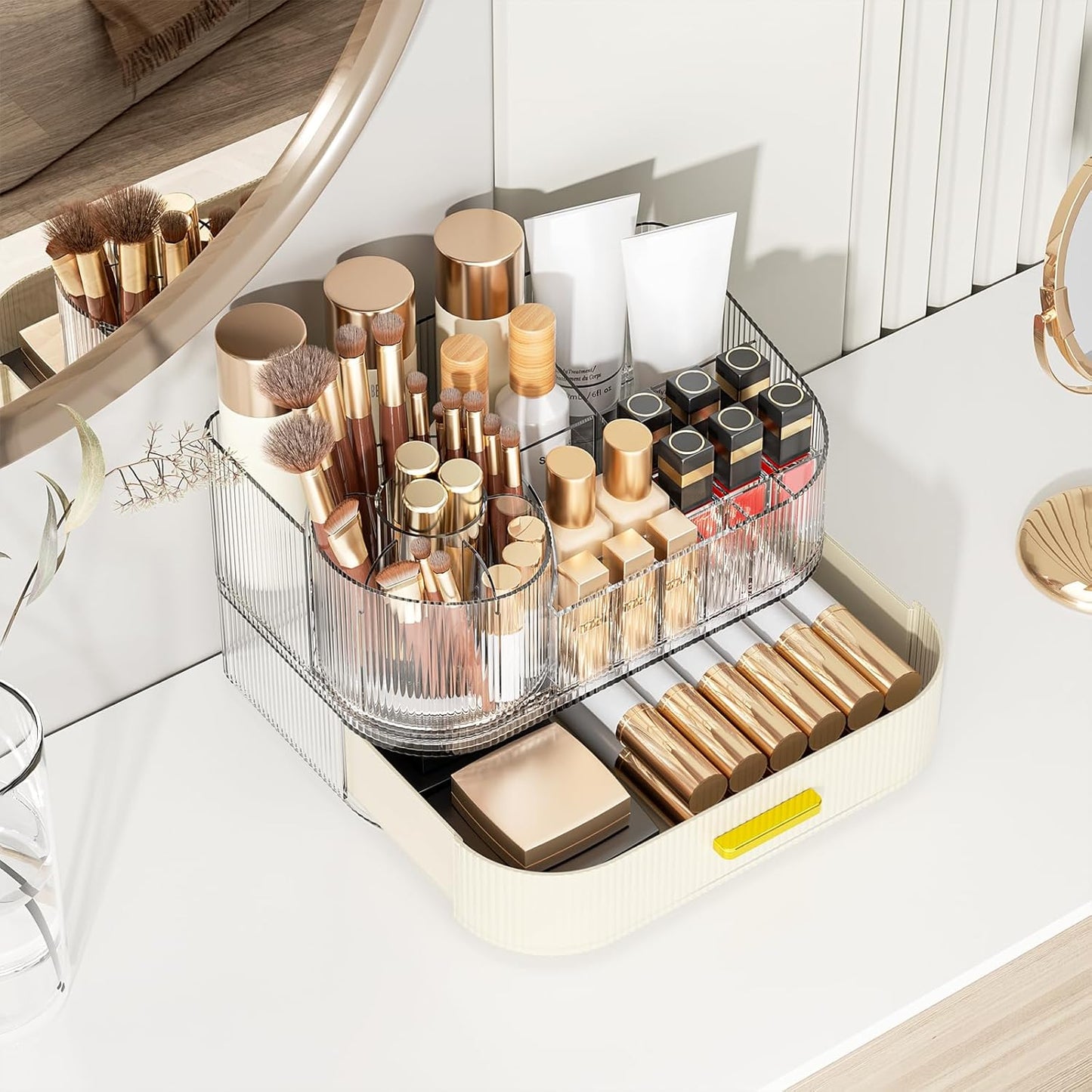 Makeup Organizer for Vanity with Stackable Drawers, 360 Rotating Makeup Brush Holder Large Cosmetic Display Case for Dresser, Bathroom Countertop Skincare Organizers and Storage, Elegant White