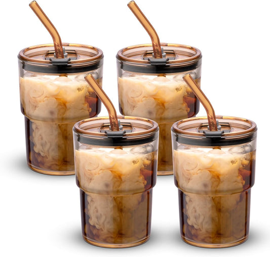 13 Oz Tumbler Water Glass, Water Bottle with Straw and Dustproof Lid, Coffee Ice Cup Double Wall Insulated Glass Cup (Amber-4Pack)