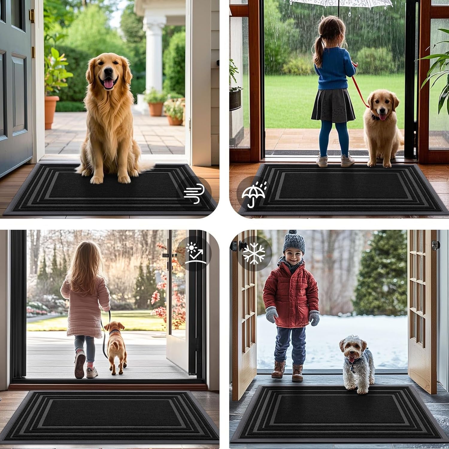 Front Door Mat Indoor Outdoor Entrance, Non-Slip Natural Rubber Doormats, Easy Clean, Low Profile, Dirt Trapper Entryway Floor Mats for Outside, Garages and Patios, 29.5X17, Black