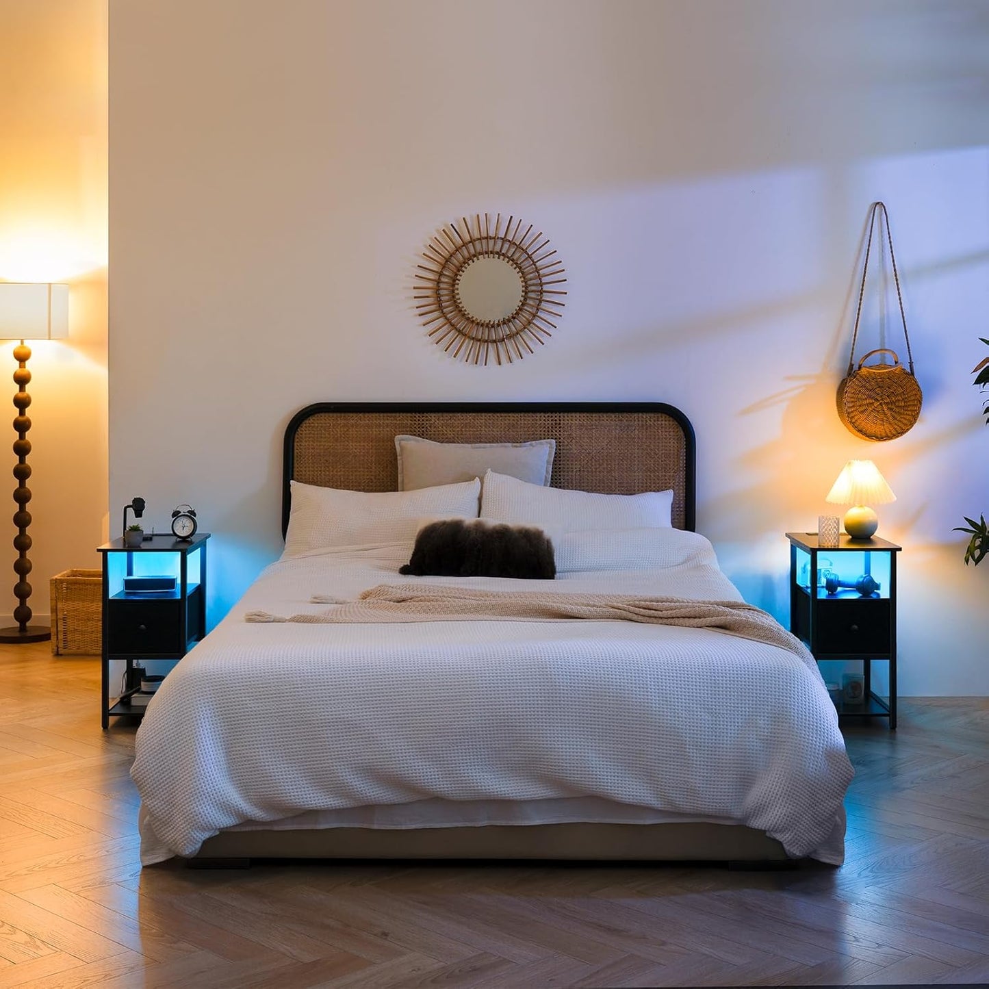 End Table with Charging Station, Narrow Side Table with Adjustable Fabric Drawer, 3-Tier End Tables Living Room, Small Nightstand with Outlets, LED Skinny Night Stand for Bedroom Small Spaces