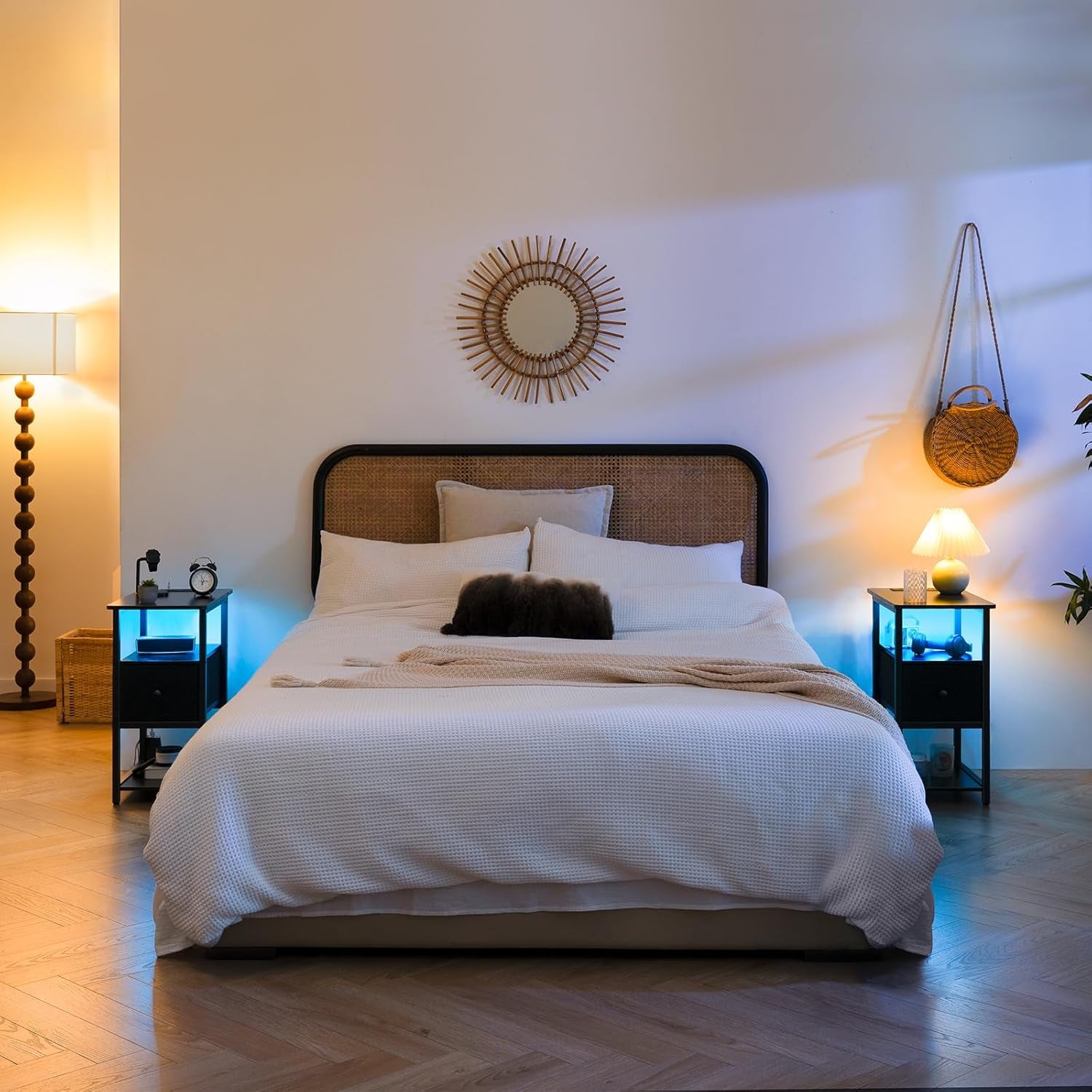 End Table with Charging Station, Narrow Side Table with Adjustable Fabric Drawer, 3-Tier End Tables Living Room, Small Nightstand with Outlets, LED Skinny Night Stand for Bedroom Small Spaces