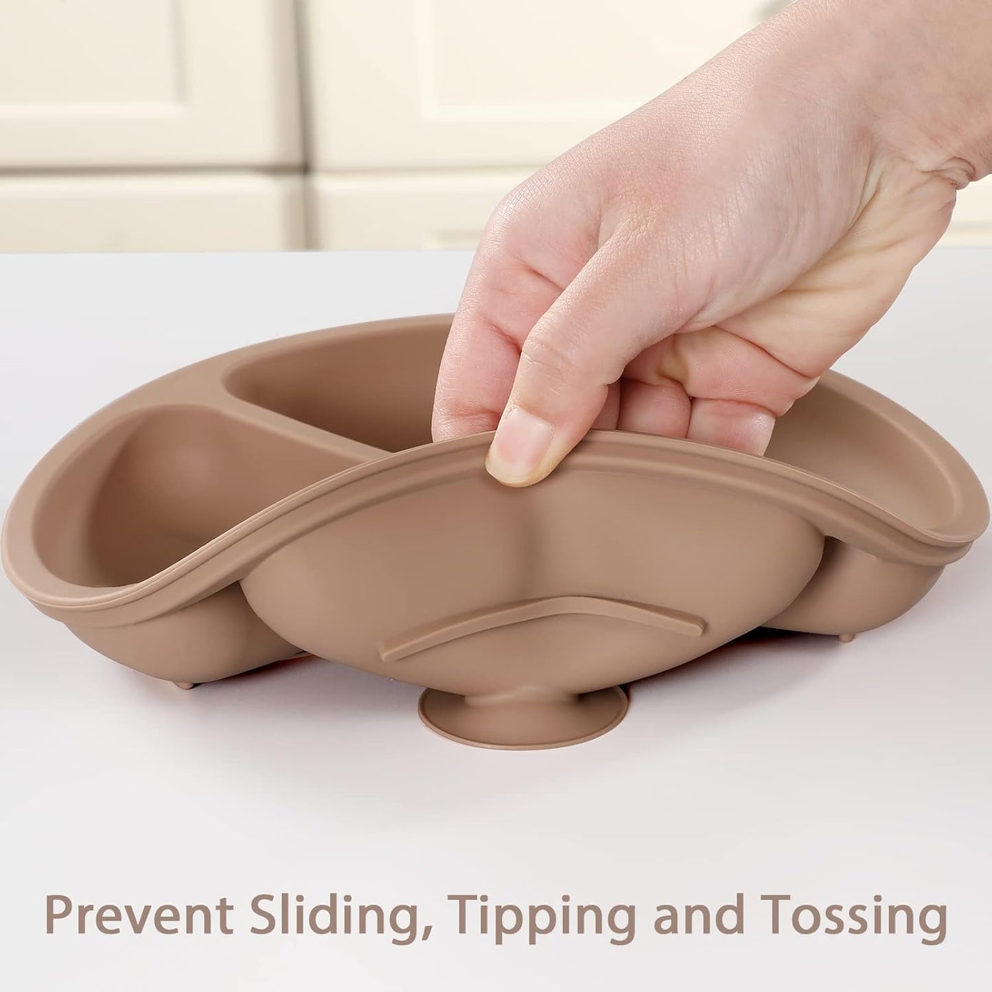 Suction Plate with Lid for Toddler, Baby & Kid, 100% Food-Grade Silicone, Divided Design, Microwave & Dishwasher Safe - Natural