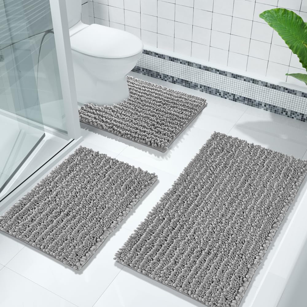 Bathroom Rug Set 3 Piece - Super Absorbent Quick Dry Chenille Bath Mats & Toilet Rug, Non Slip Machine Washable, Extra Thick Shaggy Floor Mat for Shower Tub Sink, Grey