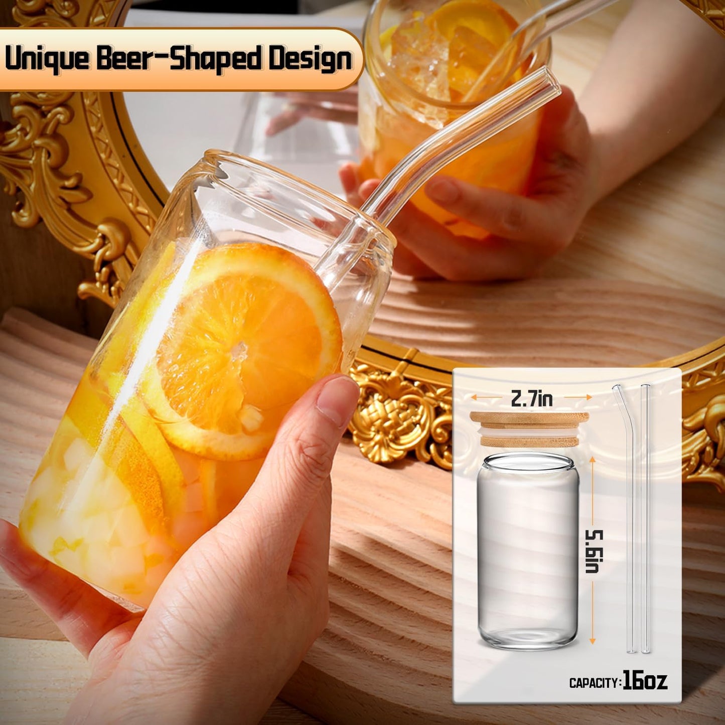 Glass Cups with Lids and Straws 4 Pcs,16Oz Drinking Glasses Set for Coffee Bar Accessories,Iced Coffee Cups with Lids,Matcha Cup Glass Tumbler Reusable for Gifts