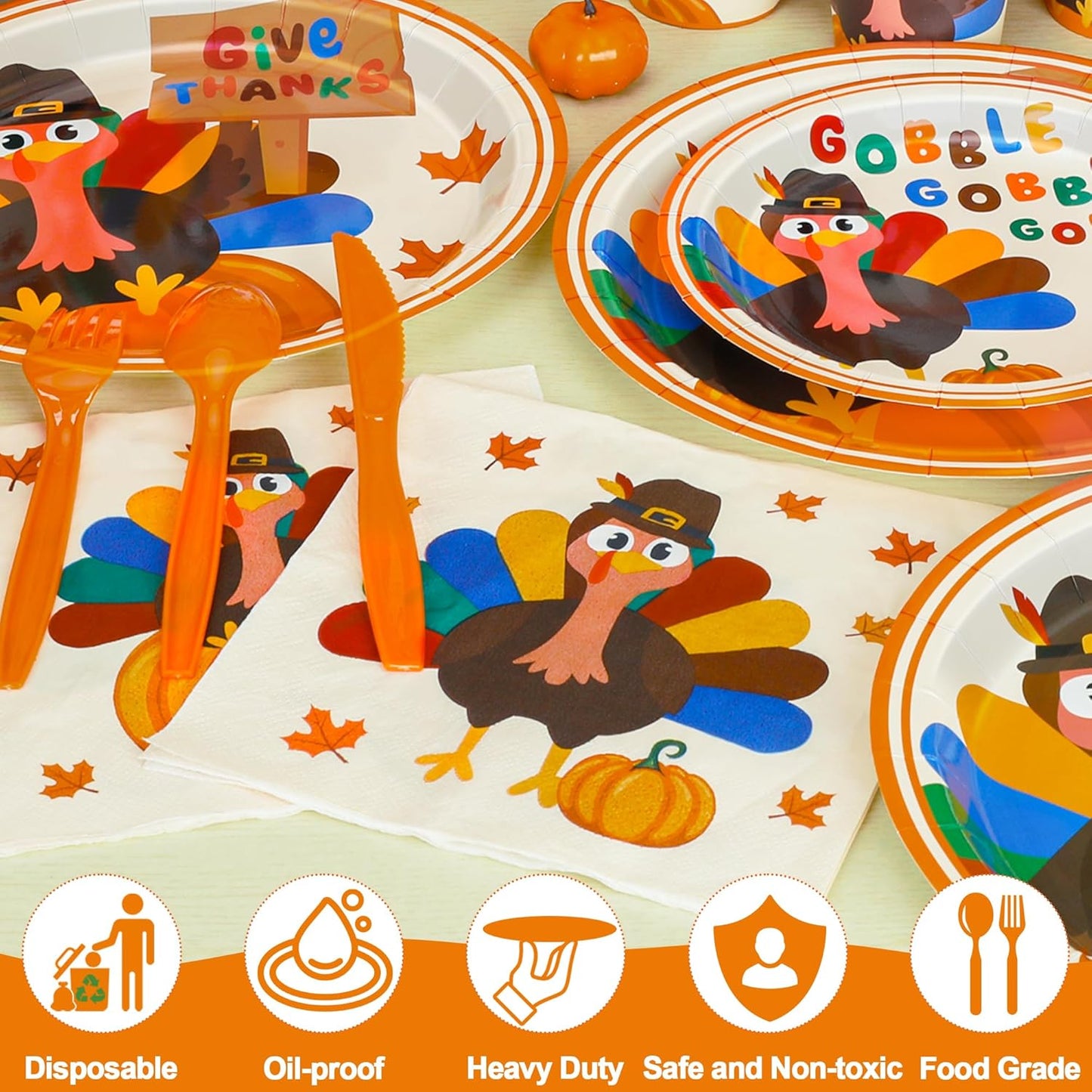 120 PCS Thanksgiving Plates and Napkins, Disposable Thanksgiving Paper Plates, 9" and 7" Fall Party Tableware, round Turkey Pumpkins Decorations for Harvest Banquet Decor Holiday Party Supplies
