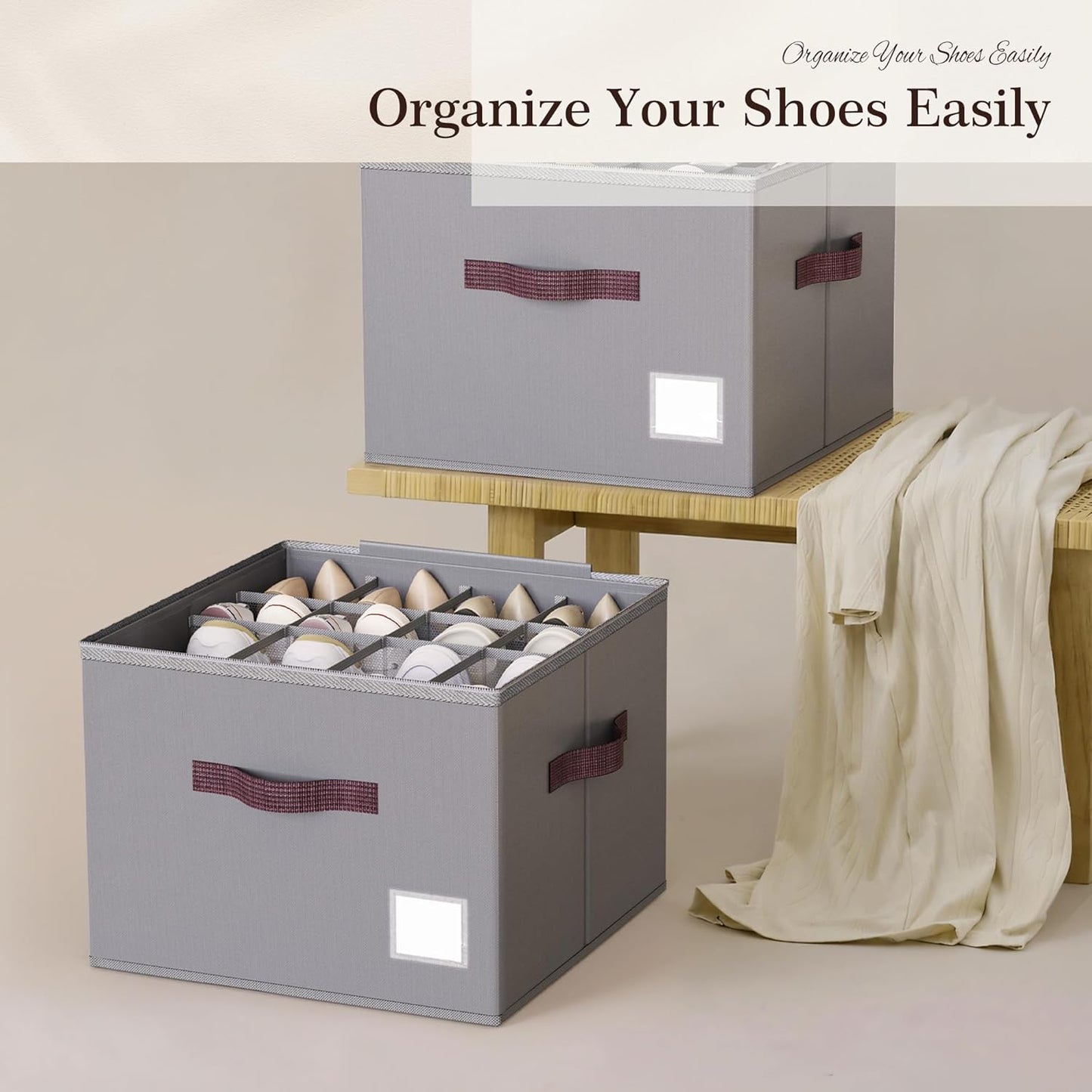 Shoe Organizer for Closet, 2 Pack Shoe Organizer with Transparent Cover and Sturdy Handles, Closet Shoe Storage for Sneakers Sandals Slippers, Fit 12-16 Pairs, Gray
