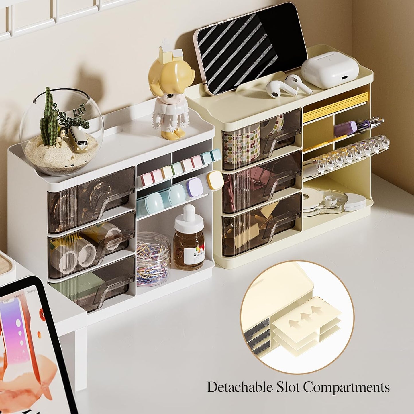 Makeup Organizer with Drawers, Multi-Function Vanity Organizer Countertop, Stackable Desk Organizer for Makeup Brush Lipstick Skincare Bathroom Vanity Organization and Storage, Ivory