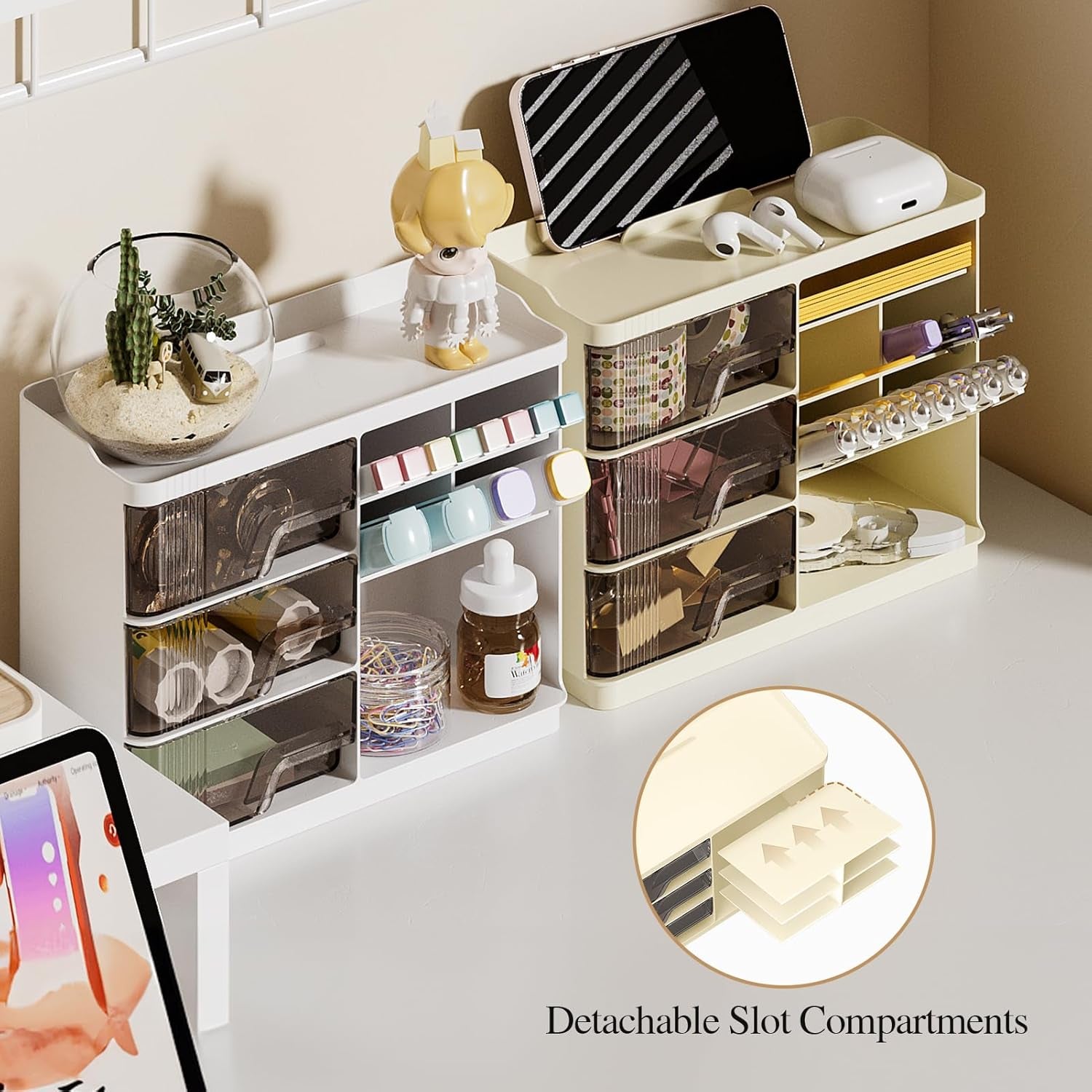 Makeup Organizer with Drawers, Multi-Function Vanity Organizer Countertop, Stackable Desk Organizer for Makeup Brush Lipstick Skincare Bathroom Vanity Organization and Storage, Ivory