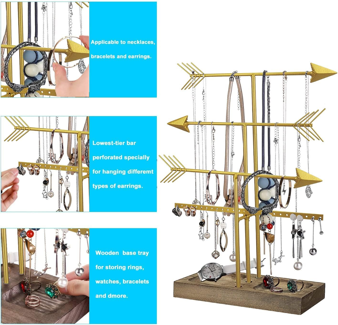 Arrow Jewelry Organizer Stand 4-Tier Gold Jewelry Stand Necklace Organizer with Wooden Ring Holder for Jewelry Display Bracelet Holder Stand Earring Organizer for Girls - Gold