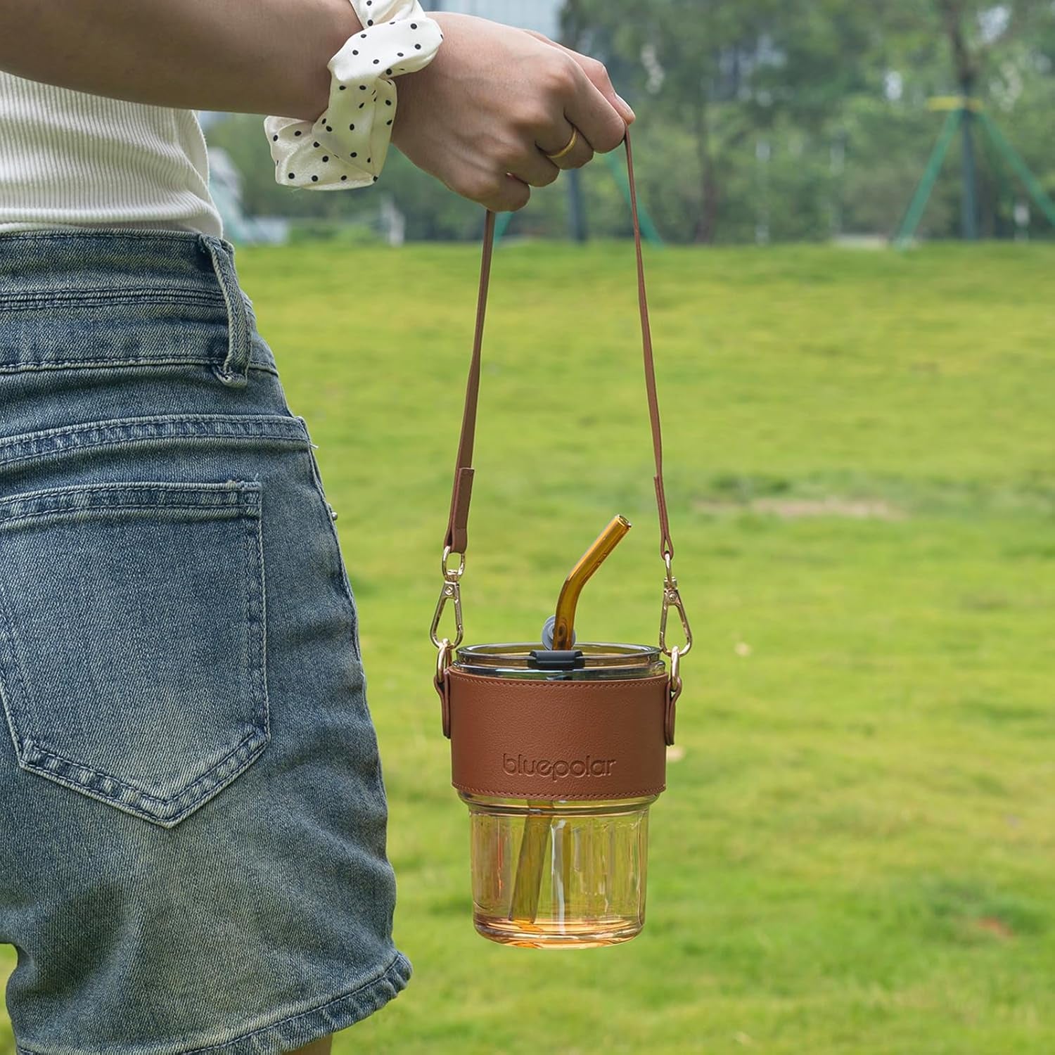 13 Oz Tumbler Water Glass, Water Bottle with Straw and Dustproof Lid, Coffee Ice Cup Double Wall Insulated Glass Cup (Amber with Sleeve and Strap)