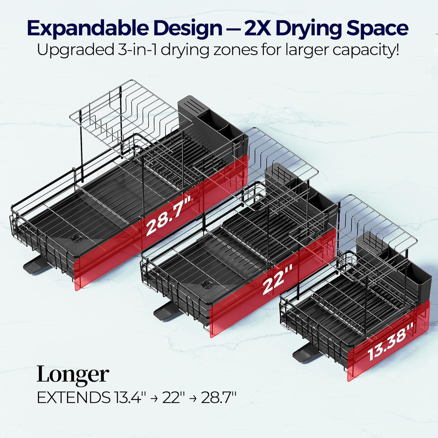 2 Tier Large Dish Drying Rack - Extendable Dish Rack for Kitchen Counter, Multifunctional Dish Drainer with Drainboard Set, Dishrack with Utensil Holder & Cup Holder, 13.4"-28.7" L X 11.8" W