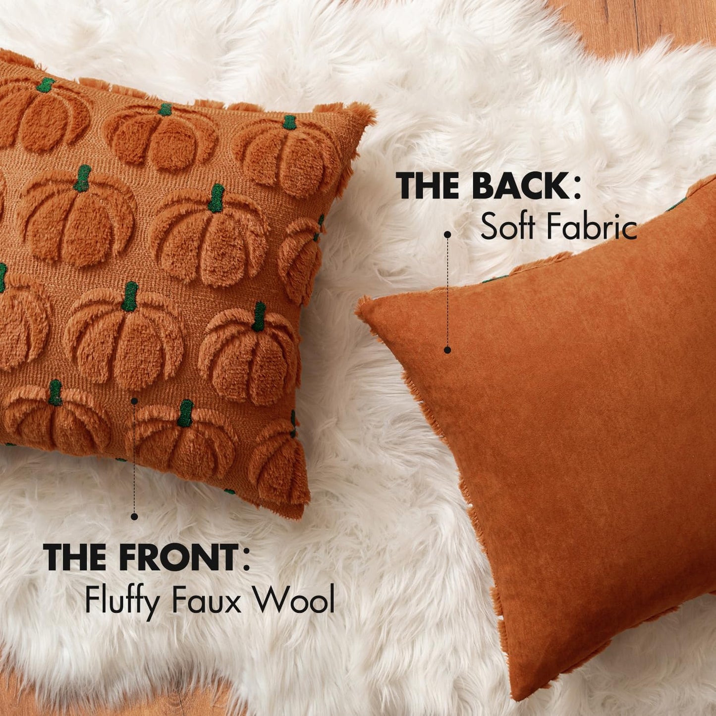 Fall Pumpkin Throw Pillow Covers Decor Set of 2 Dark Rust Green Stem 18 X 18 Decorative Cushion Covers Soft Faux Fur Couch Pillows for Autumn Harvest Outdoor Porch Farmhouse Halloween Home