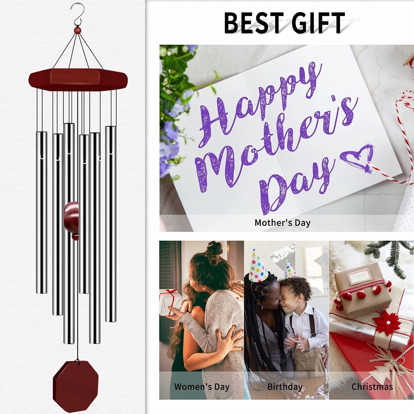 Wind Chimes for Outside, Wind Chimes Outdoor Deep Tone with 6 Metal Tubes and Hook, Memorial Windchimes Home Outdoor Decor for Garden, Patio, Yard