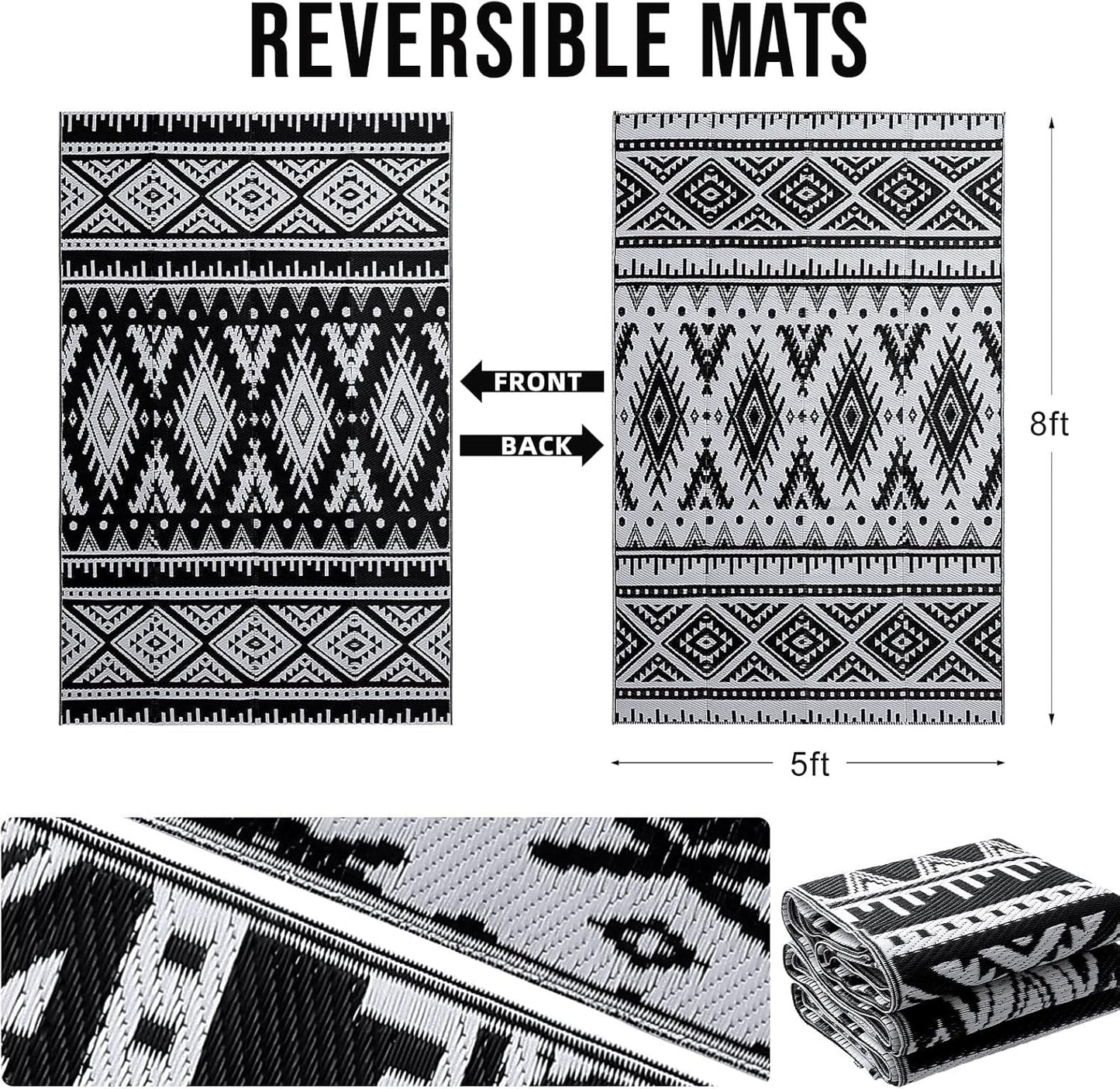 Outdoor Rug Waterproof 5X8 Ft, Reversible Outdoor Plastic Straw Rug, Boho Patio Rug, Indoor Outdoor Carpet, RV Mat outside for Patio, Camp, Picnic, Balcony, Deck, Backyard, Black & White