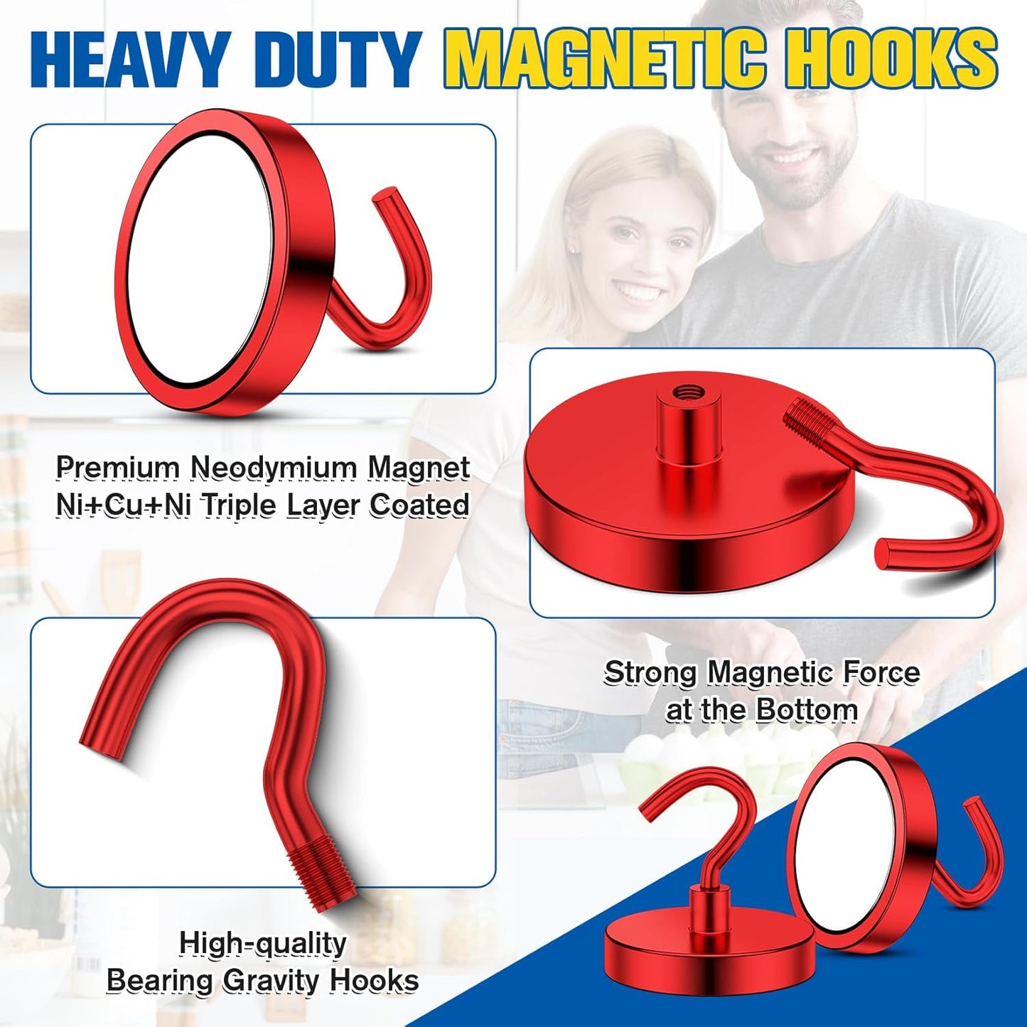 2 Pack Magnetic Hooks Heavy Duty, 110LBS Neodymium Magnet Hooks for Cruise Cabin, Strong Magnetic Hooks for Hanging, Magnets with Hooks for Home, Kitchen, Workplace, Bathroom(Red)