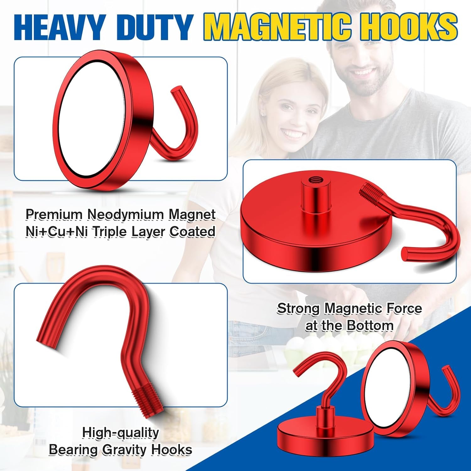 2 Pack Magnetic Hooks Heavy Duty, 110LBS Neodymium Magnet Hooks for Cruise Cabin, Strong Magnetic Hooks for Hanging, Magnets with Hooks for Home, Kitchen, Workplace, Bathroom(Red)