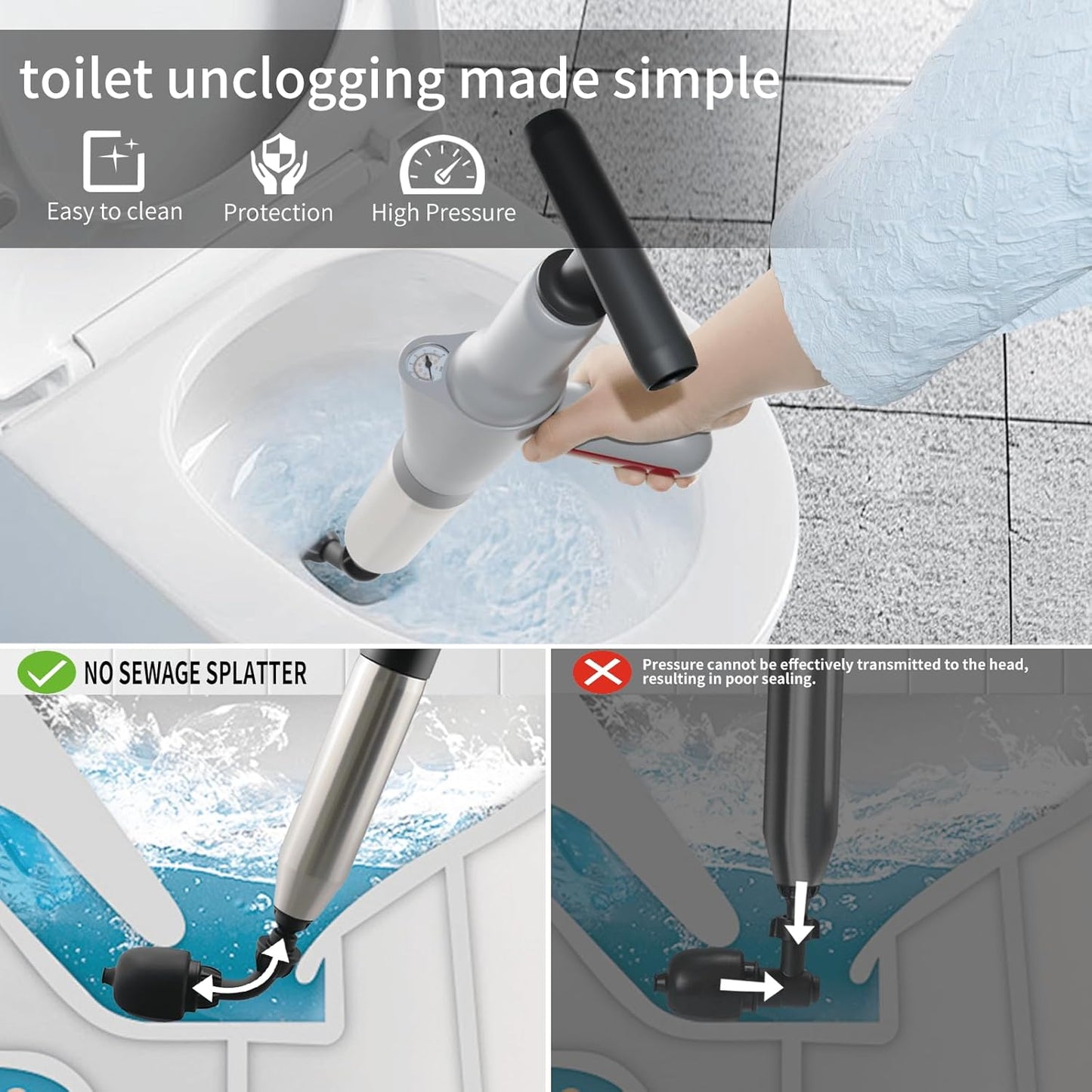 Toilet Plunger, Plungers for Bathroom Heavy Duty with Holder, Powerful Toilet Snake for Unclogging Plunger with Real-Time Pressure Indicator Plungers for Washbasin, Floor, Kitchen Clogged