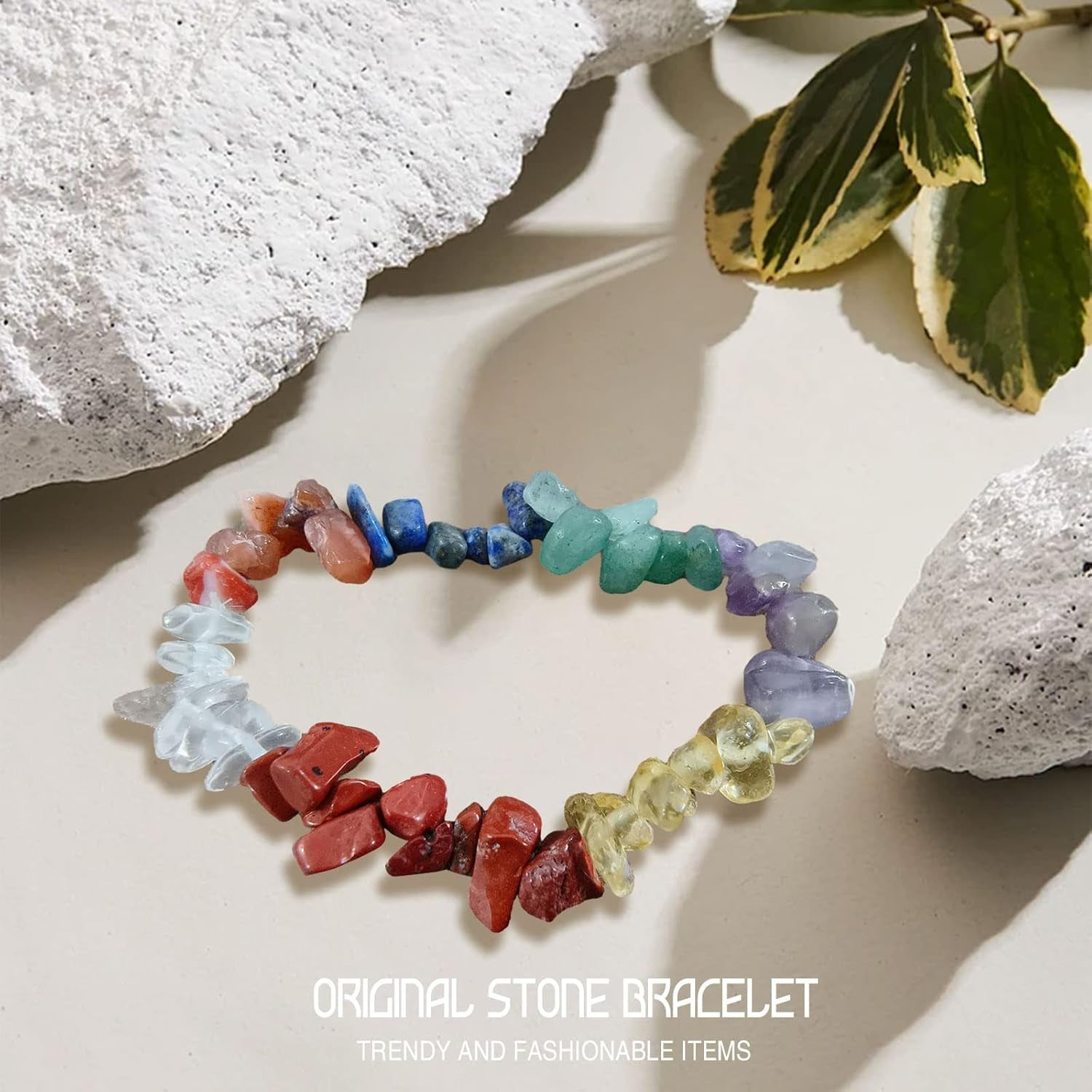 Handmade Natural Gemstone Bracelets Chakra Crystal Irregular Chips Beads Stretch Bracelets for Women Align Chakras/Conquer Fear/Increase Communication Reiki (Rainbow Stone)