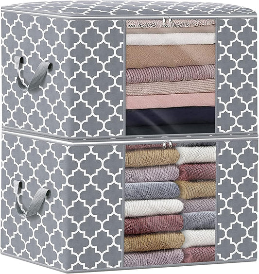 Storage Bags 100L 2-Pack Large Blanket Clothes Organization and Storage Containers for Bedding, Comforters, Foldable Organizer with Reinforced Handle, Clear Window, Sturdy Zippers, Light Grey