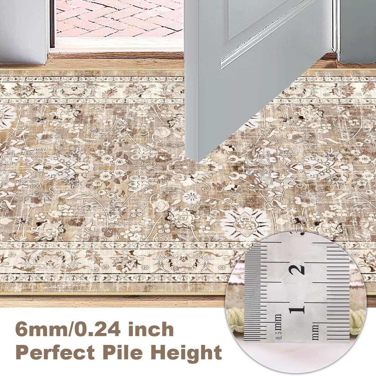 Washable Non-Slip Vintage Hallway Runner Rug, 2x8 ft, Boho Floral Soft Faux Wool Carpet with Rubber Backing for Laundry, Entryway, and Bedroom (Beige Brown)