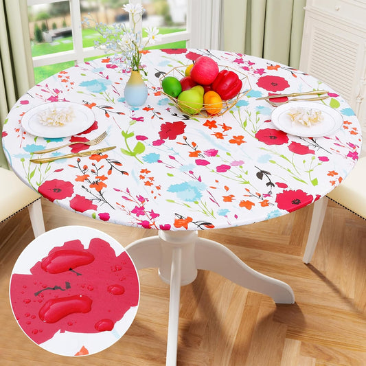 round Fitted Tablecloth with Elastic Edge, 100% Waterproof Oil Proof Plastic Table Cover, Vinyl Flannel Backed Tablecloth Fits 36"-44" round Tables for Dinner, Outdoor, Picnic, Flowers