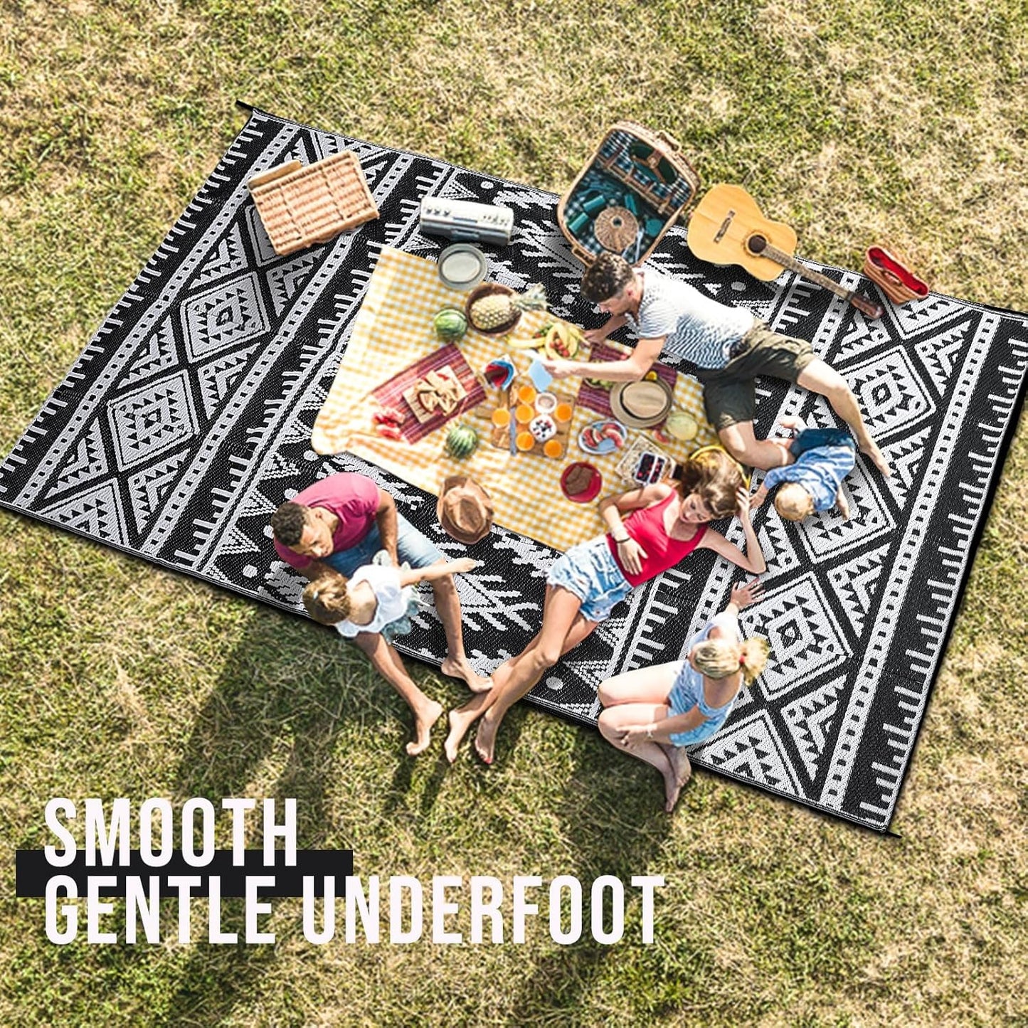 Outdoor Rug Waterproof 5X8 Ft, Reversible Outdoor Plastic Straw Rug, Boho Patio Rug, Indoor Outdoor Carpet, RV Mat outside for Patio, Camp, Picnic, Balcony, Deck, Backyard, Black & White