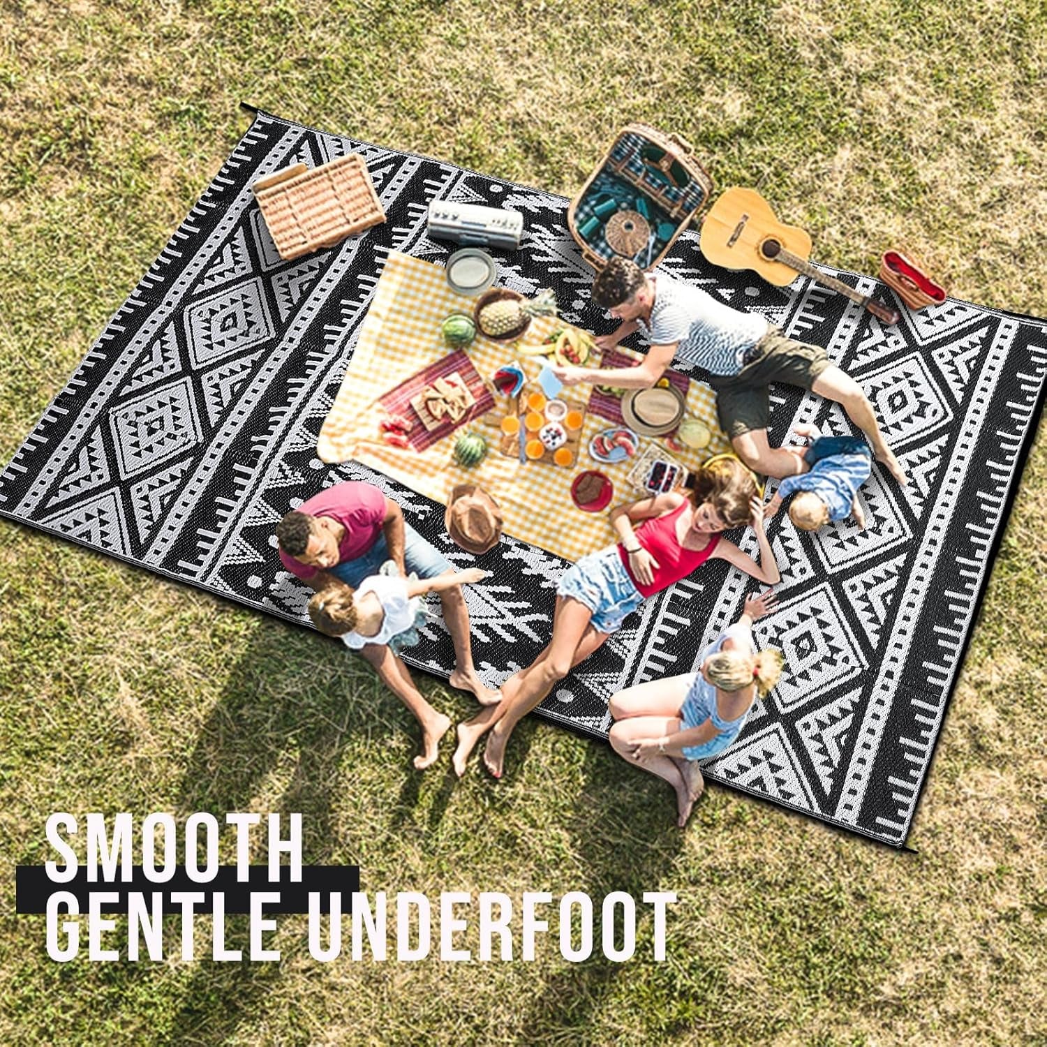 Outdoor Rug Waterproof 5X8 Ft, Reversible Outdoor Plastic Straw Rug, Boho Patio Rug, Indoor Outdoor Carpet, RV Mat outside for Patio, Camp, Picnic, Balcony, Deck, Backyard, Black & White