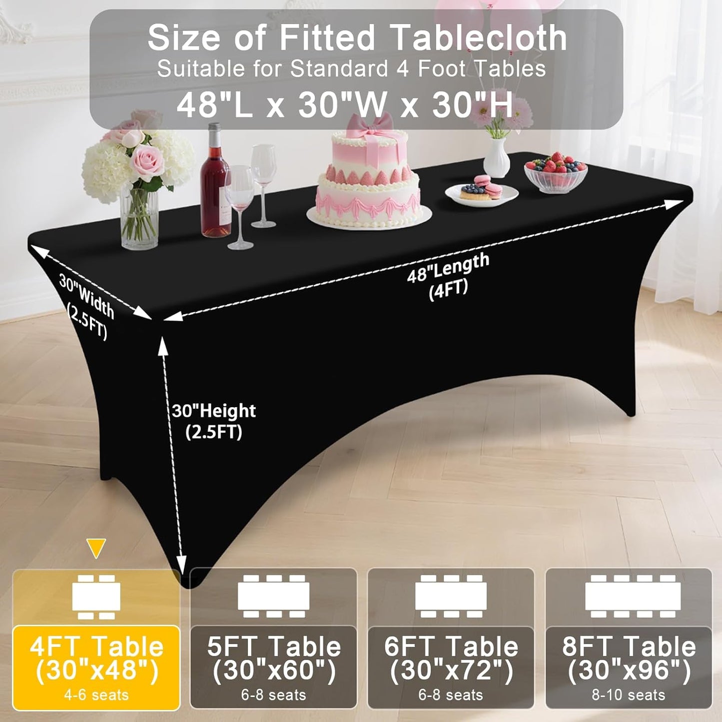 2 Pack Spandex Table Cloth 4FT, Elastic Fitted Stretch Tablecloths, Washable and Wrinkle Free Rectangular Patio Table Cover for Outdoor, Wedding, Banquet & Parties (Black, 48Lx30Wx30H Inch)