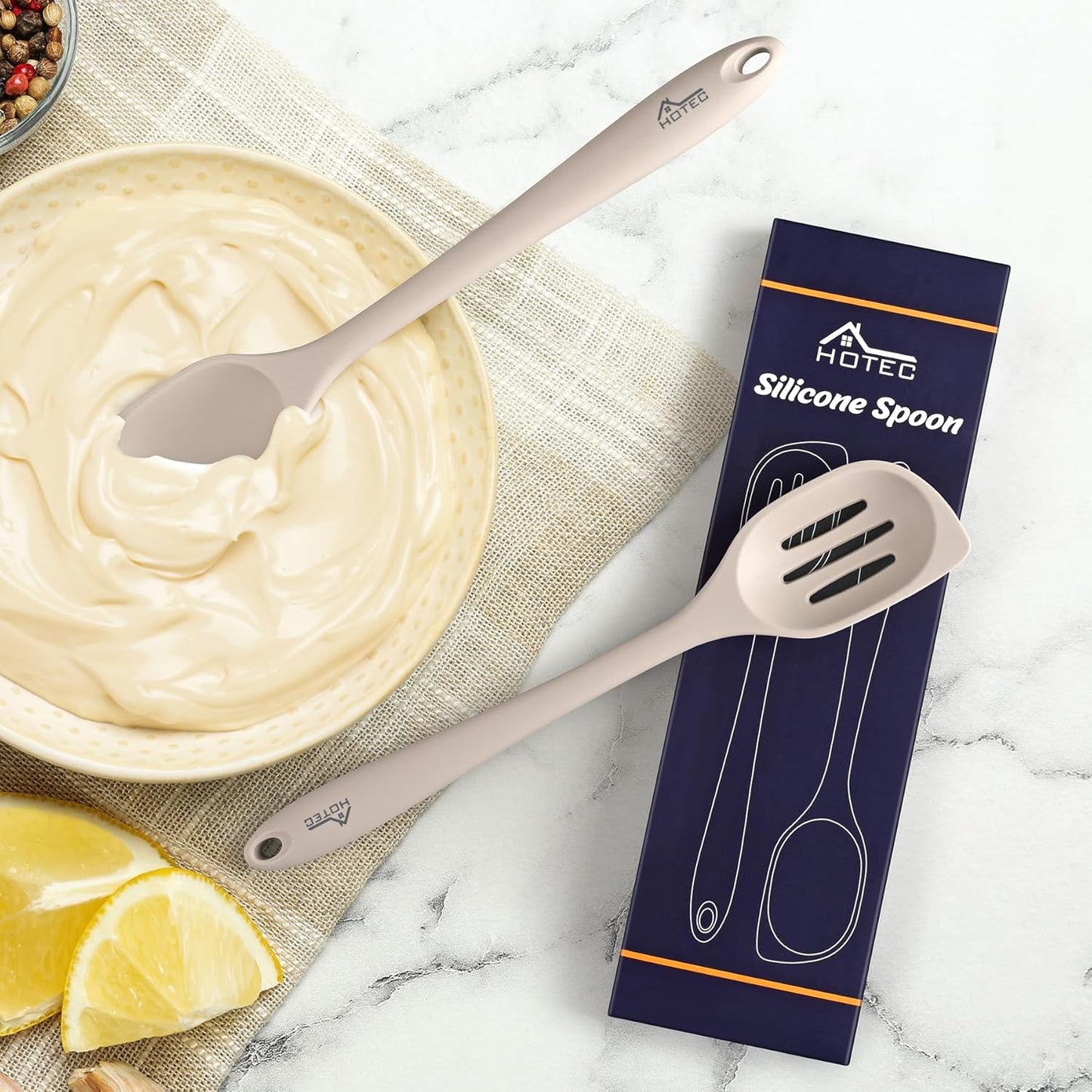 Heat Resistant Silicone Cooking Spoon Spatula, Large Kitchen Solid and Slotted Spoons for Mixing, Serving, Scraping, Non-Stick, Dishwasher Safe Khaki 12.5Inch