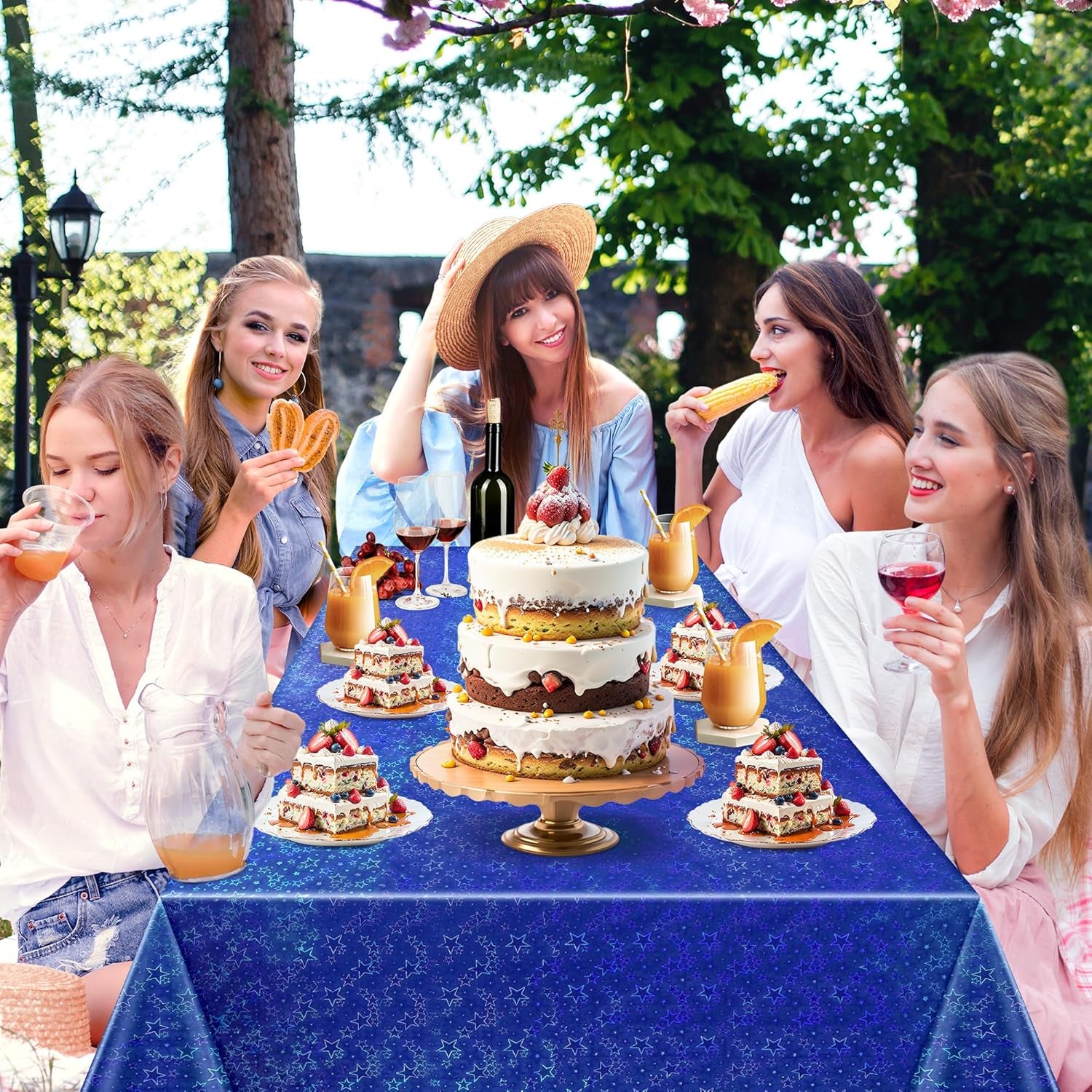 Set of 2 Royal Blue Holographic Laser Tablecloths with Sparkling Star Design, 54 x 72 Disposable Shiny Table Covers for Birthday Parties, Weddings, Anniversaries, and Bachelorette Celebrations