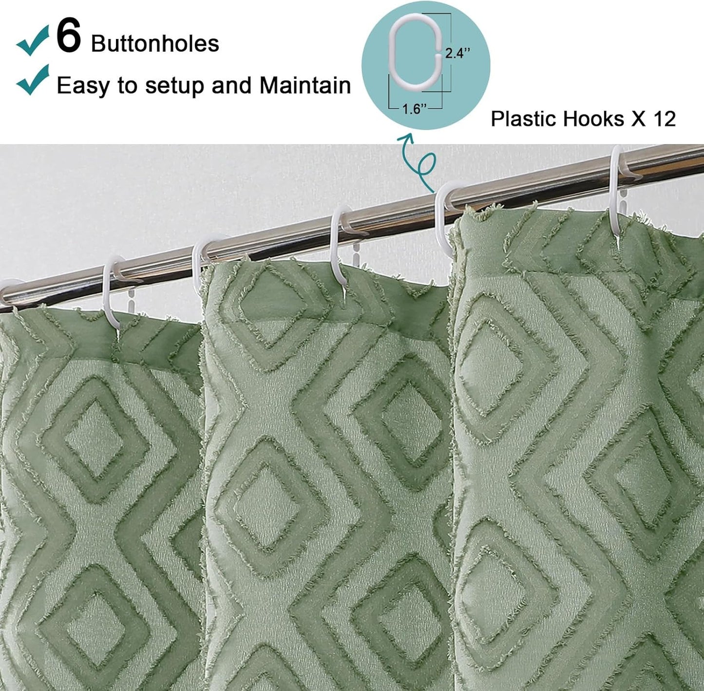 Diamo Stall Small Shower Curtain 36X72 Inch, Sage Green Premium Geometric Jacquard Textured Fabric for Bathroom, Soft Airy Wrinkle Free Decorative Shower Curtain with 12 Plastic Hooks