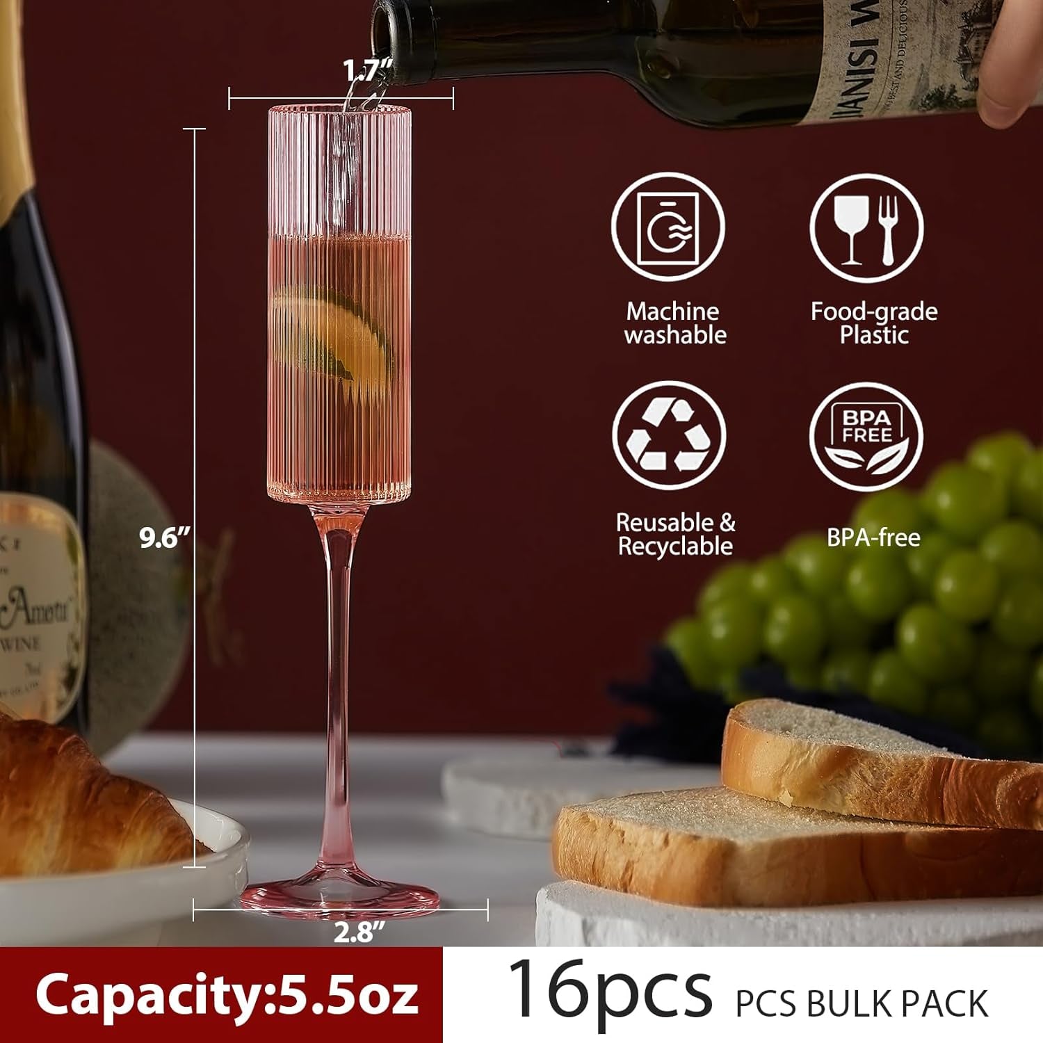 16 Pack Plastic Champagne Flutes, 5.5 Oz Unbreakable Goblet Glasses Reusable Champagne Toasting Cups - Modern & Elegant for Wedding Party Anniversary Christmas Birthday (5.5Oz-Ribbed-Pink-16Pack)