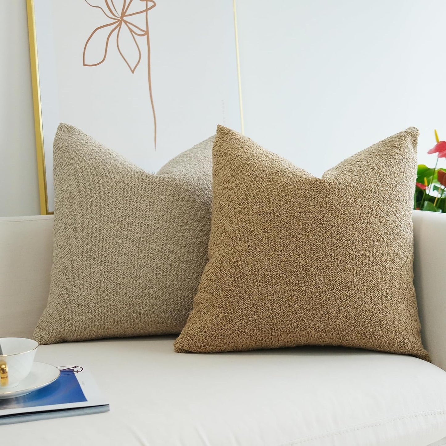 Pack of 2 Textured Boucle Throw Pillow Covers Accent Solid Pillowcovers Home Decor 20 X 20 Inch Light Brown
