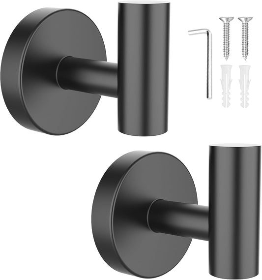 Towel Hooks for Bathrooms 2 Packs Screw-In Matte Black Bathroom Towel Hook Wall Mounted Stainless Steel Shower Towel Hooks for Coat Hanging, Drilling Hole