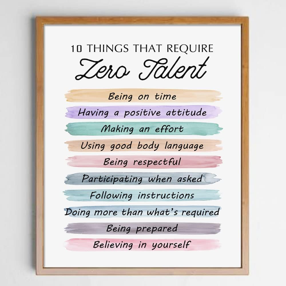 10 Things That Require Zero Talent Quote, Being on Time, Effort Body Language, Motivational Poster, Typography Art, Office Wall Decor, Success Tips, Classroom Decor, No Framed (11X14 INCH)