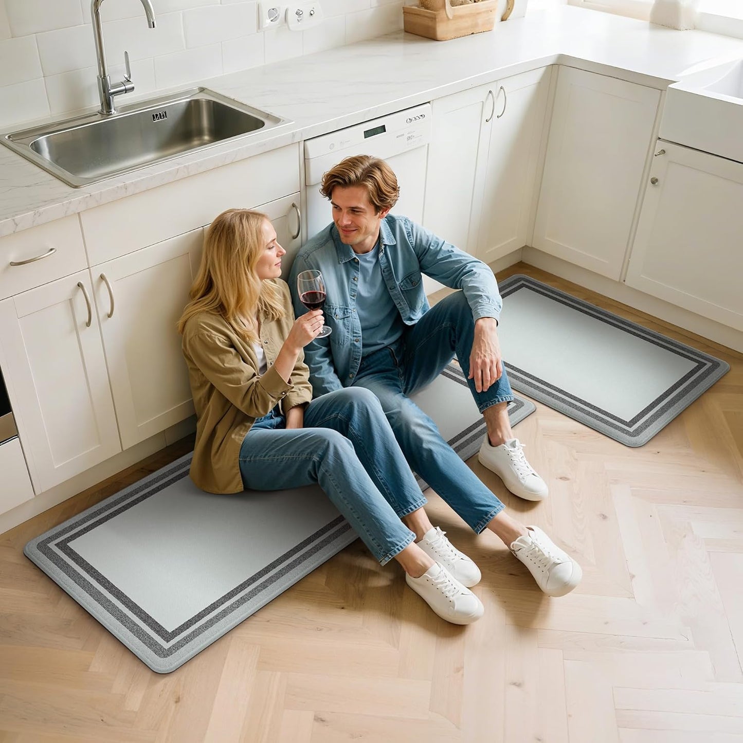 Kitchen Mats for Floor 2 PCS Cushioned Anti-Fatigue, Geometric Waterproof Kitchen Rugs Non Slip Washable, Comfort Standing Mat Rug for Kitchen, Office, Laundry, Lightgrey, 17"X 47"+17"X 30"