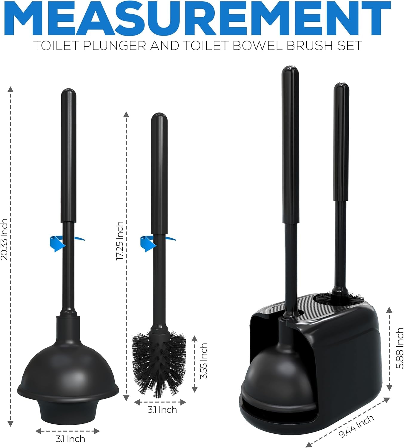 Toilet Plunger and Brush Set with Holder for Deep Cleaning, Includes Toilet Bowl Brush and Plunger for Effective Bathroom Cleaning (Pack of 1, Black)