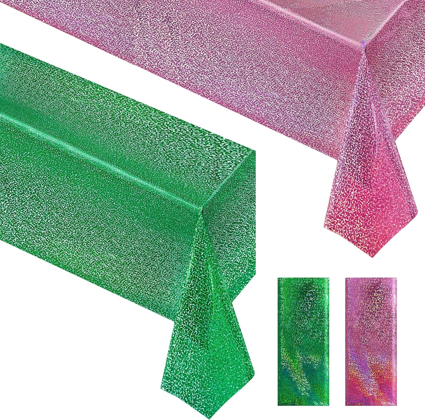 Set of 2 Pink and Green Holographic Tablecloths, 40" x 108", Iridescent Plastic Table Cover for Birthday and Bachelorette Party Decorations