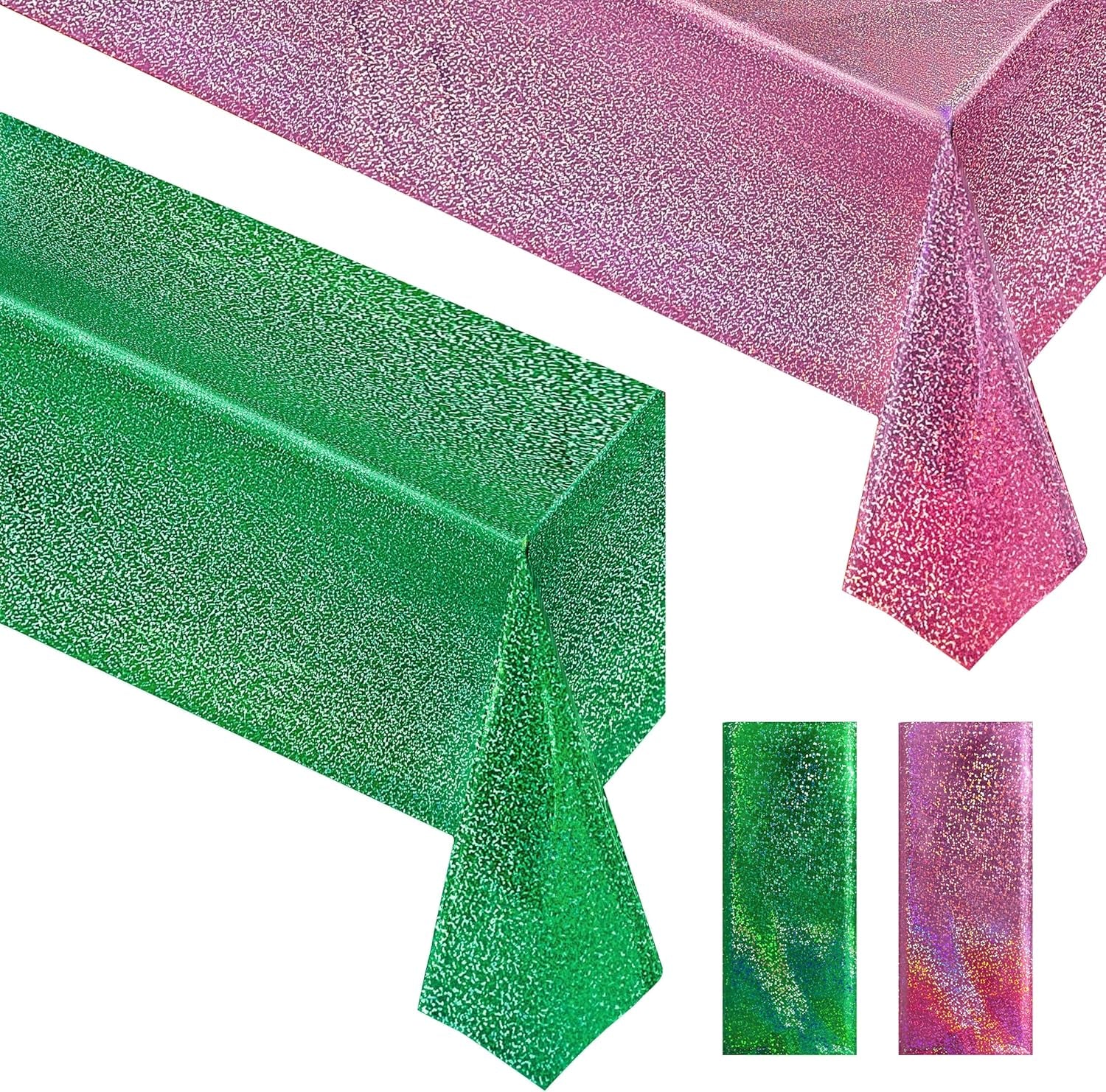 Set of 2 Pink and Green Holographic Tablecloths, 40" x 108", Iridescent Plastic Table Cover for Birthday and Bachelorette Party Decorations
