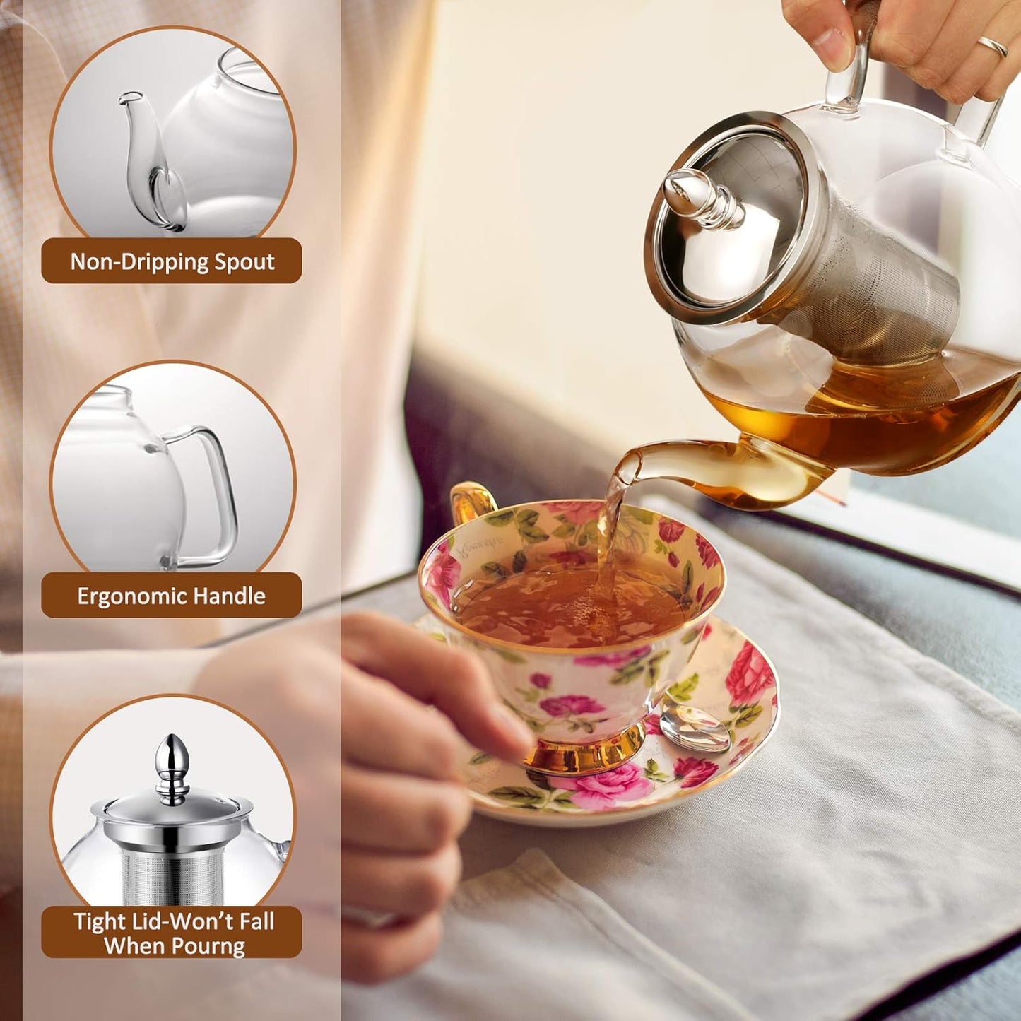 1000Ml Glass Teapot with Removable Infuser, Stovetop Safe Tea Kettle, Blooming and Loose Leaf Tea Maker Set