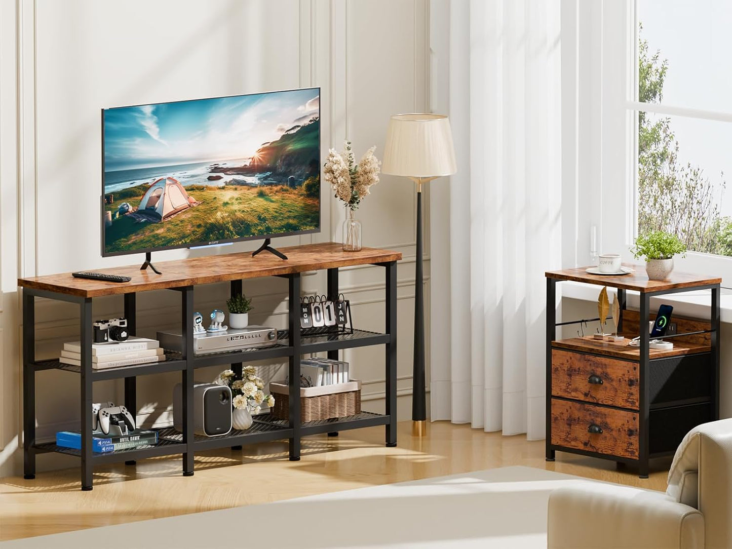 TV Stand, Small Media Console Table with 3-Tier Storage Shelves, Industrial Entertainment Center for Tvs up to 50 Inch, Television Stands for Living Room, Bedroom, Rustic Brown