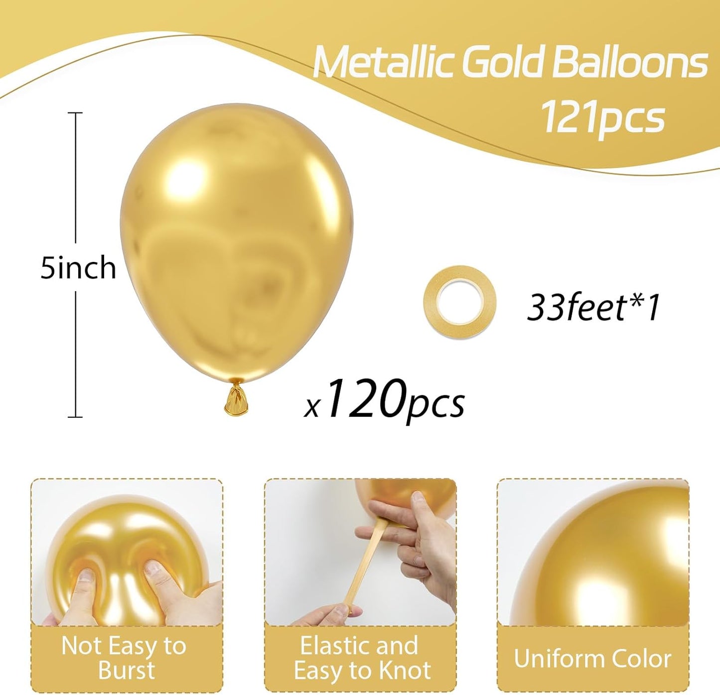 120Pcs 5 Inch Metallic Gold Balloons, Small Chrome Gold Latex Balloons for Graduation Engagement Wedding Birthday Party Decorations