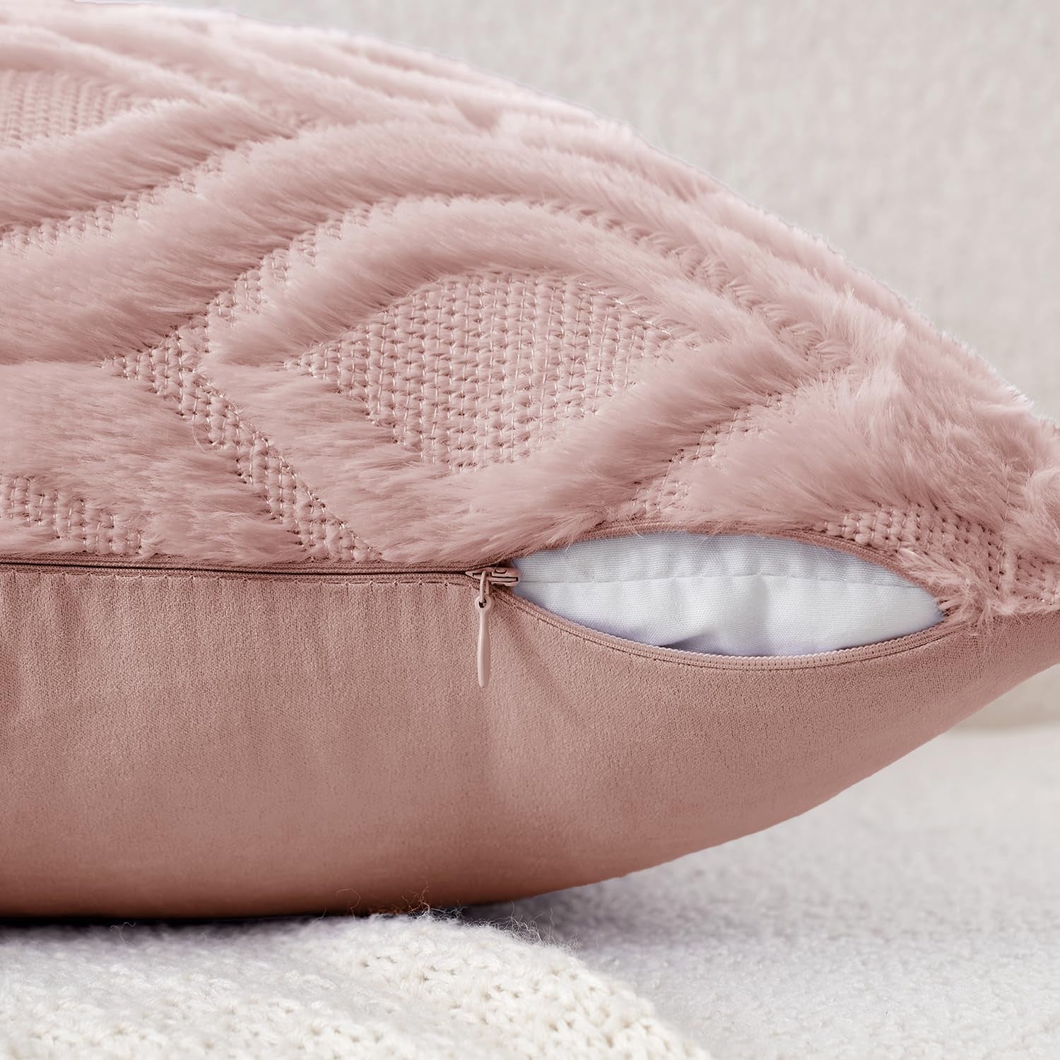 Blush Pink Valentines Throw Pillow Covers 18X18 Inch, Soft Spring Plush Faux Wool Couch Pillow Covers Set of 2 Decorative Farmhouse Boho Throw Pillows for Sofa Living Room Bed