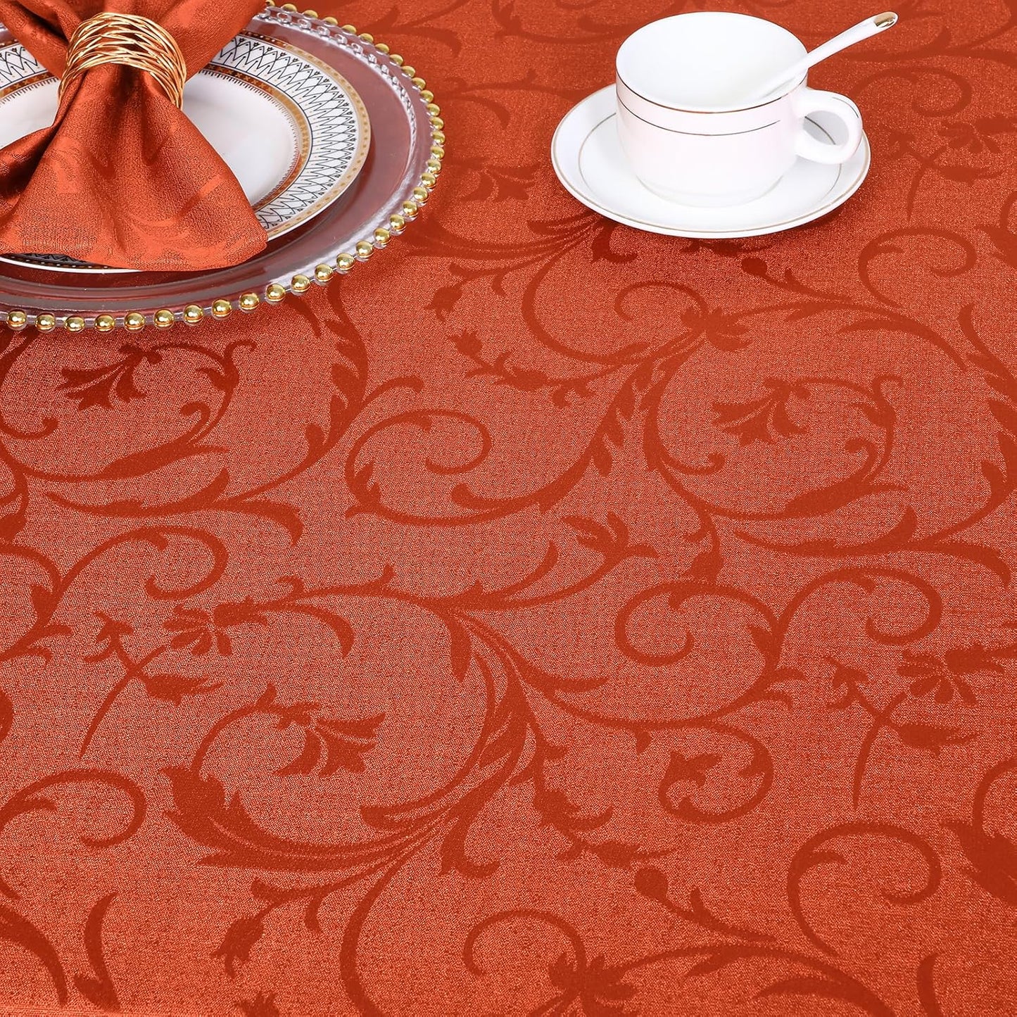 Rectangle Thanksgiving Tablecloth, Waterproof Jacquard Fall Table Cloth, Damask Cloth Table Cover for Harvest Decor (60" X 84", Rust Vine Pattern)