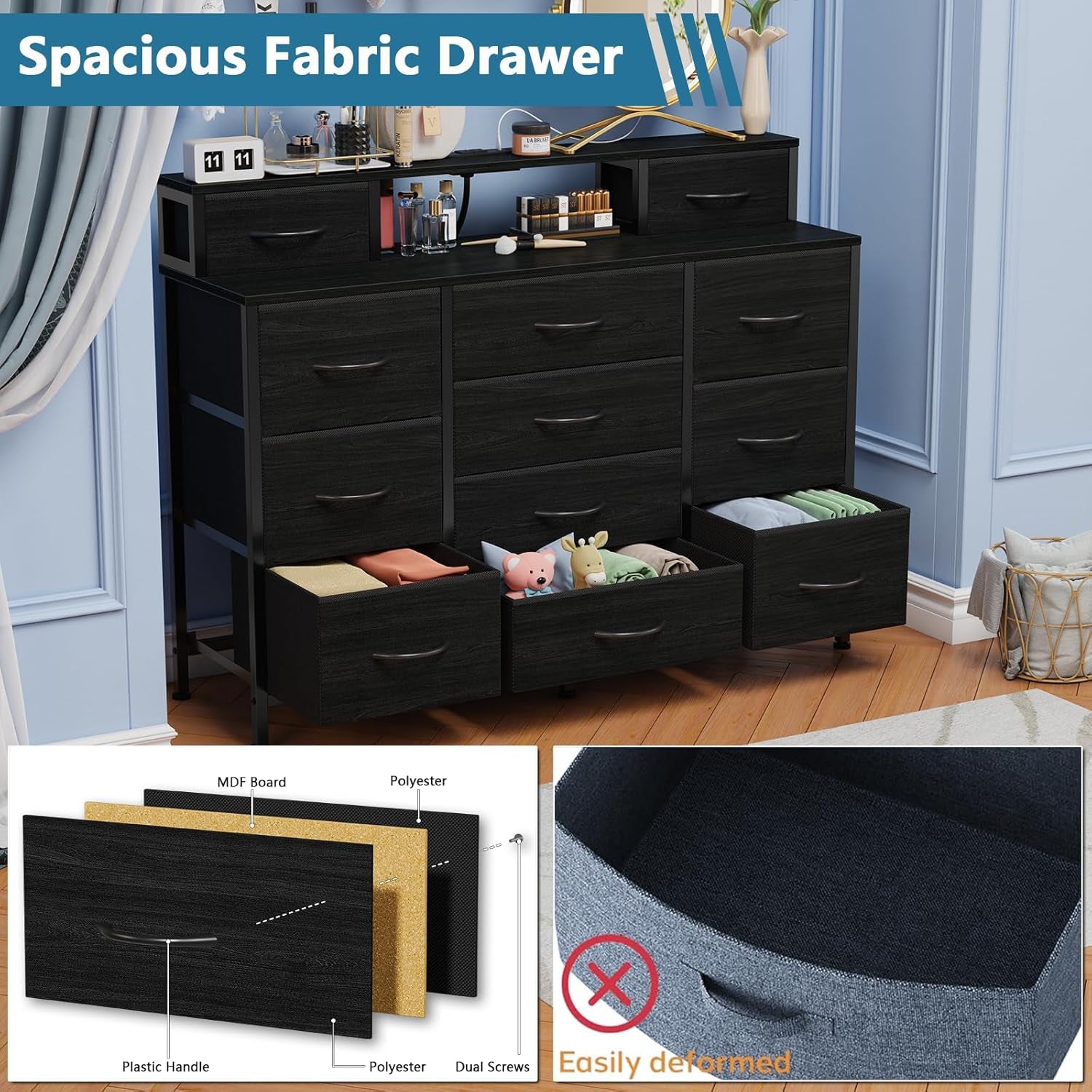 Elegant Black Bedroom Dresser with LED Lighting and Integrated Charging Station, 47"W Closet Chest with 12 Storage Drawers, Versatile TV Stand and Hallway Furniture, Featuring a 2-Tier Wooden Top and Sturdy Metal Frame