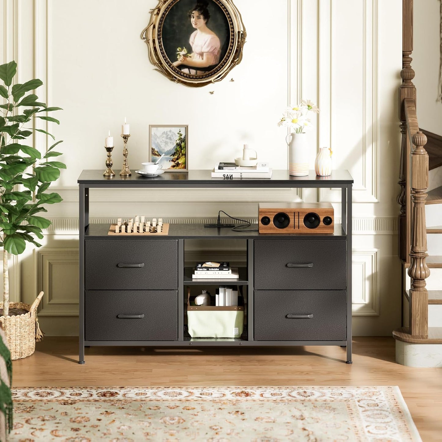 TV Stand Dresser with Integrated Power Outlets and LED Lighting, 4-Drawer Entertainment Center with Open Shelf, Media Console for 43-50 Inch TVs, Black PU Finish