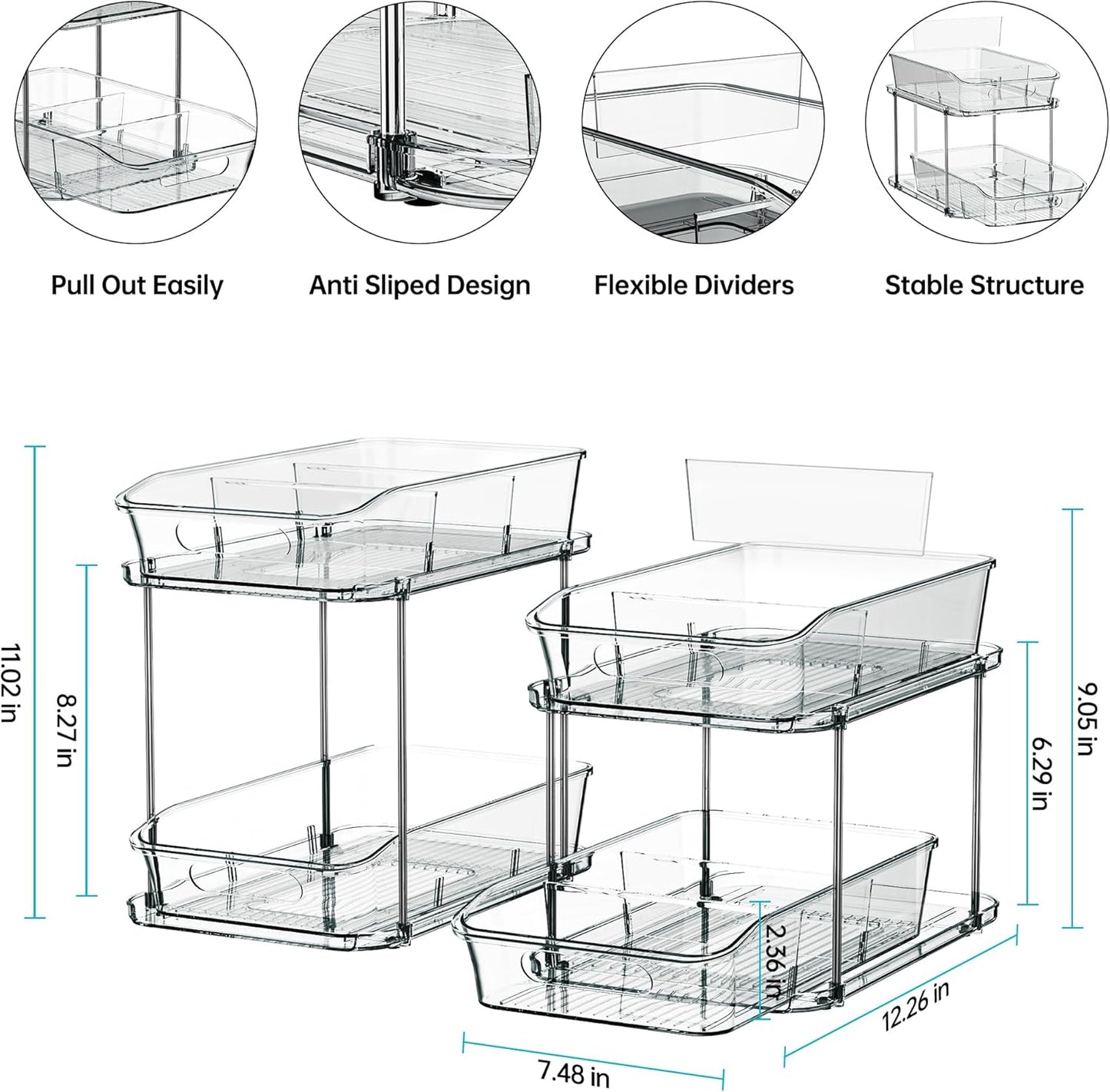 2 Sets of 2-Tier Clear under Sink Organizers and Storage, Multi-Purpose Stackable Bathroom Cabinet Organizers, Grey